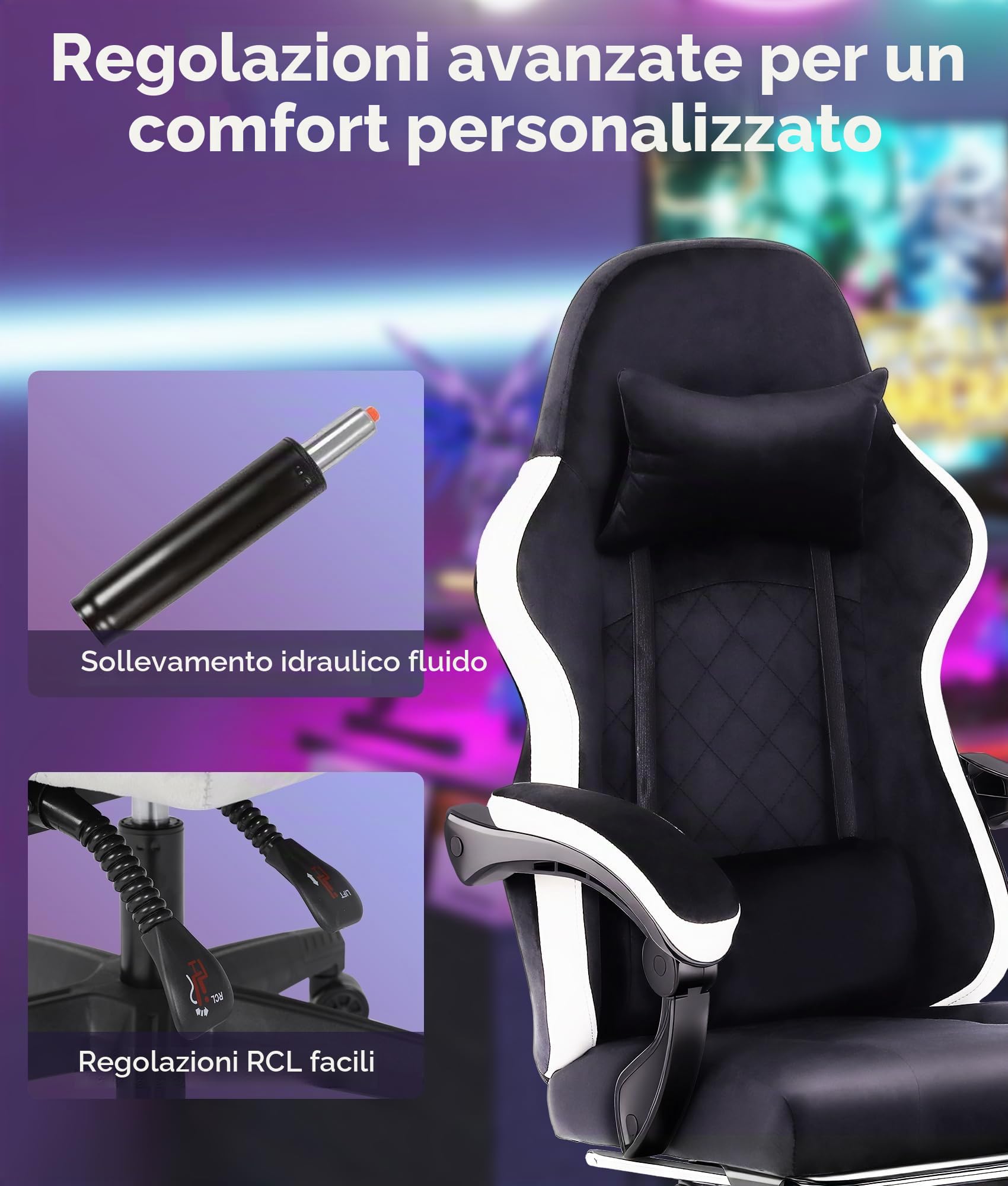 Sedia Gaming Ergonomica con Poggiapiedi, Schienale Reclinabile fino a 140°, Sedia Girevole da Ufficio con Supporto Lombare e Poggiatesta, Altezza Regolabile, Tessuto Flanella Grigio (Nero)