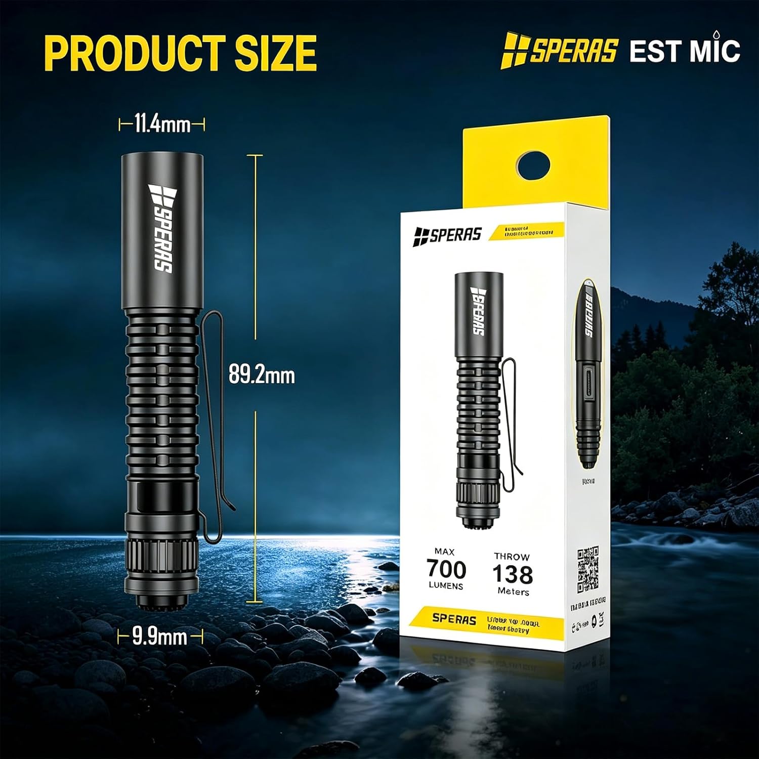 JETBeam SPERAS EST MIC EDC Flashlight, 700 Lumens Rechargeable Tactical Pocket Light with Two Way Clip, IP68 Waterproof USB-C Mini Flashlight, 3 Modes 138m Beam for Camping Hiking Emergency, Black