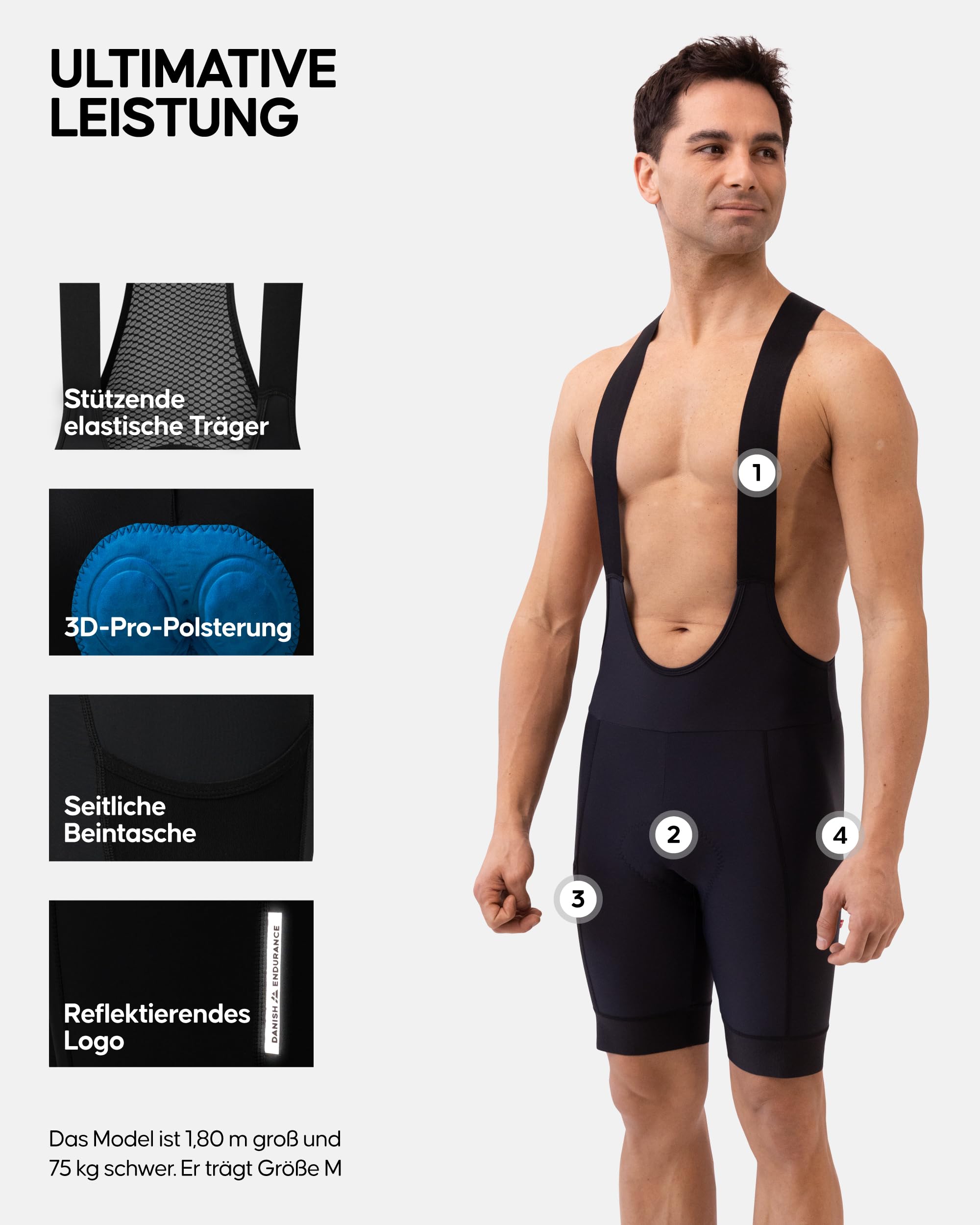 DANISH ENDURANCE Bib Shorts Herren, Fahrradhose Herren Gepolstert, Kurze Radlerhose, Radsport-Trägerhosen, 3D Pro Sitzpolster, Fahrradbekleidung, Schnelltrocknend & Mit Beintasche