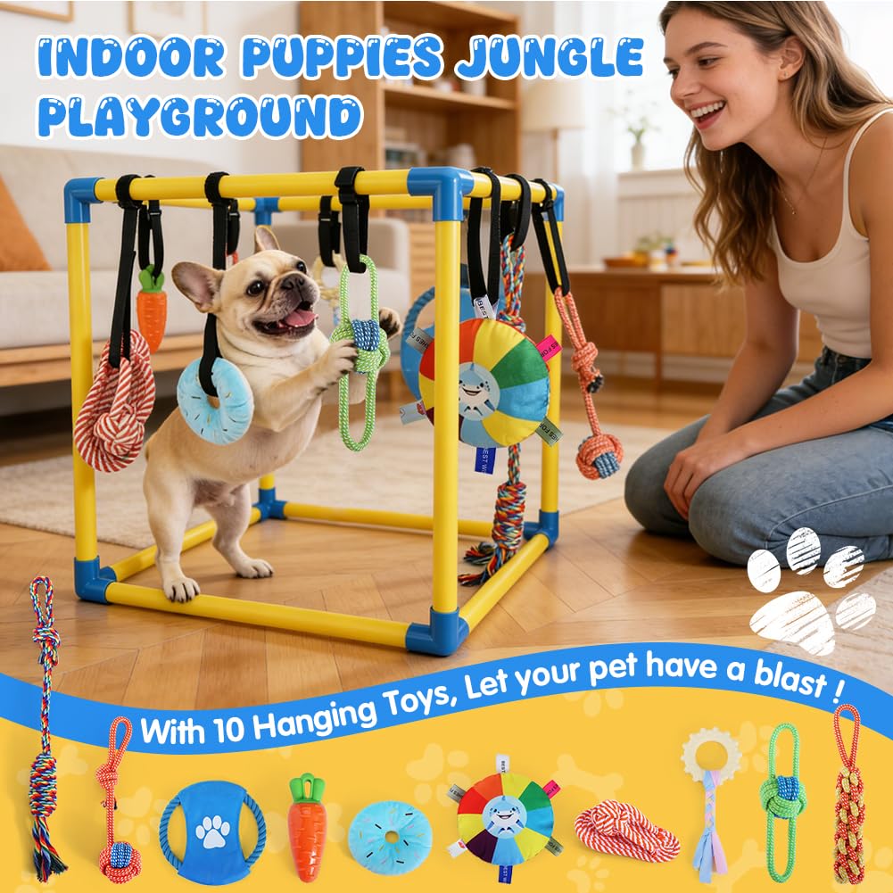 Welpenspielstudio für kleine Hunde mit 10 hängenden Spielzeugen, abnehmbarem Hundeanreicherungsspielplatz, interaktives Hundespielzeug, Dschungel-Fitnessstudio, 49,5 cm Rahmen