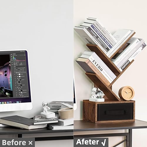 Miniatura 7 de Estantería pequeña con cajón, estante de libro de árbol de 4 niveles, estantes de escritorio de madera, estantes modernos de escritorio