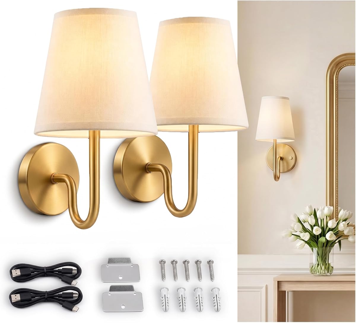 2 Pk Rechargeable Wall Sconces Set of Two - Gold | Rechargeable, Wireless, Battery Operated, Color Changing, Dimmable, Easy to Install, Perfect for Bedroom, Living Room