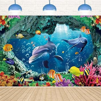 Underwater Dolphin Backdrop 8x6ft Aquarium Ocean Corals Tropical Fish Photography Background Dolphin Theme Party Decorations for Boy's Birthday Kid Portrait Photo Studio Props