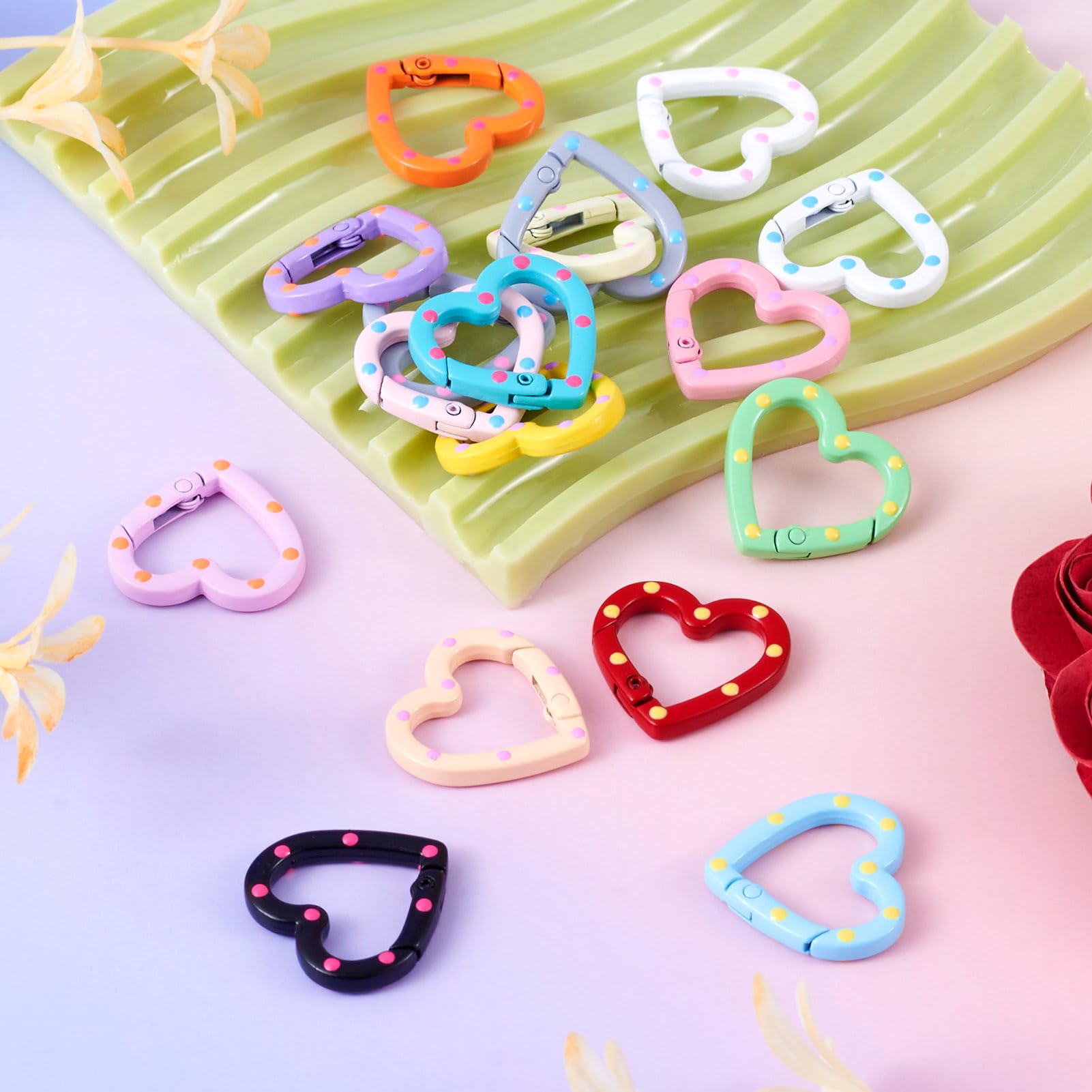 17Pcs Heart Shape Spring Gate Rings - Colorful Alloy Enamel Snap Hooks For Keychains & Crafts