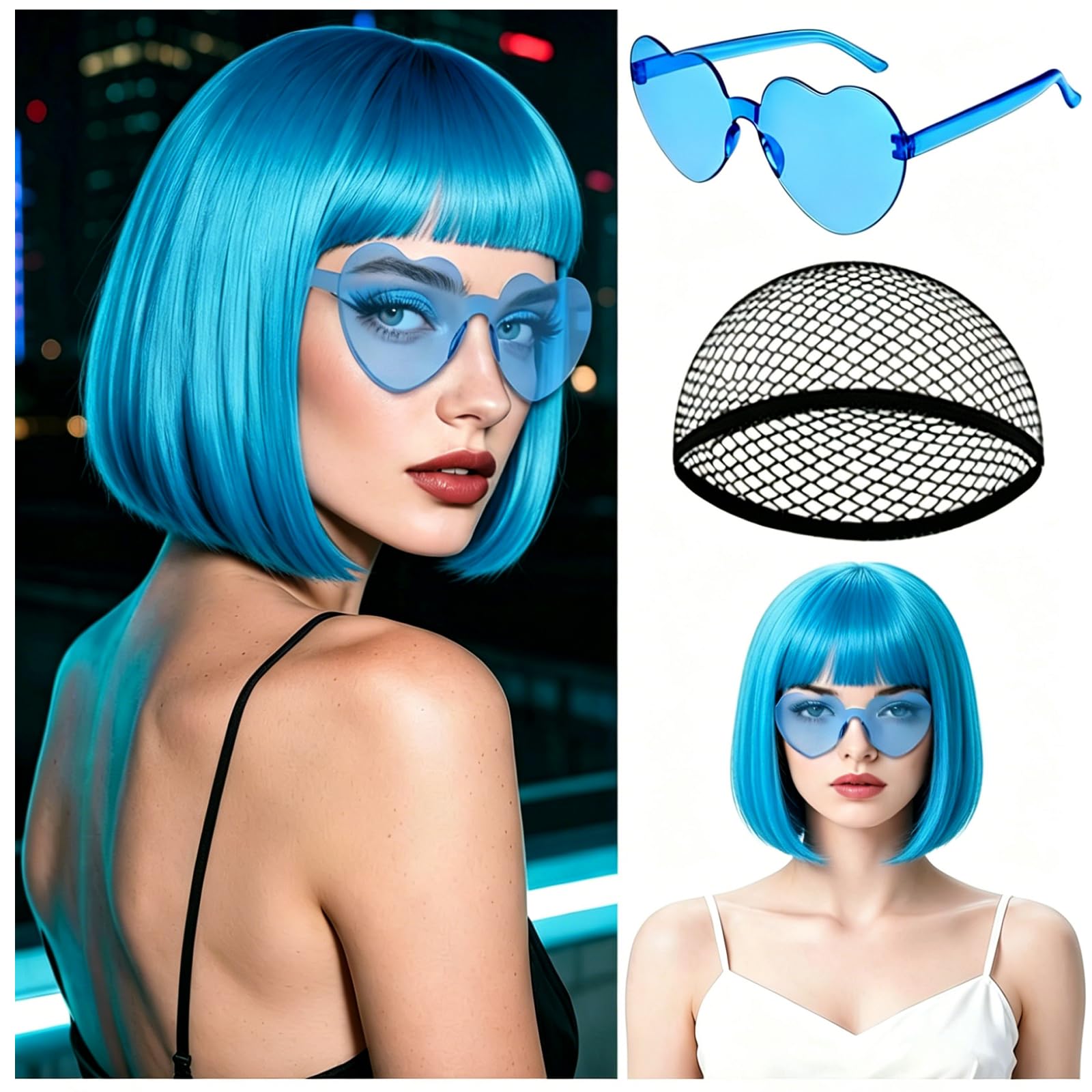 Photo 1 of MEEZY Blue Short Bob Wigs Straight Hair with Flat Bangs Heart Sunglasses for Women, Colorful Funny Cosplay Party Neon Wig Synthetic Natural As Real Carnival Halloween Costume