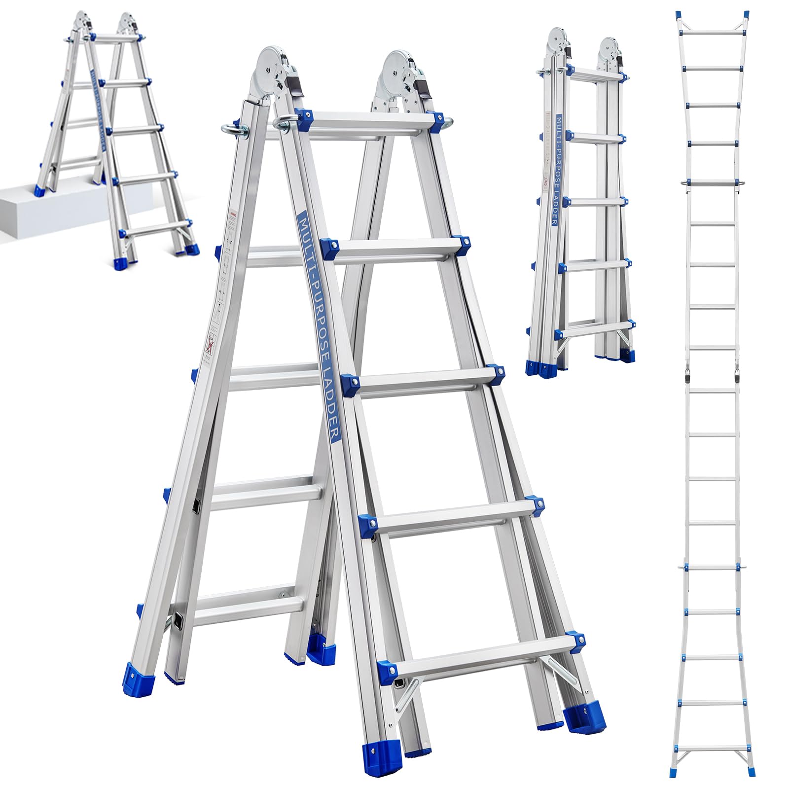 STANEW Scala Singola in Alluminio Multiuso 5,1m 4x5 pioli, Scala Multifunzione Telescopica Professionale, Pieghevole, Cavalletto di Prolunga, a Gradini e Bifacciale, Portata Max 150 Kg