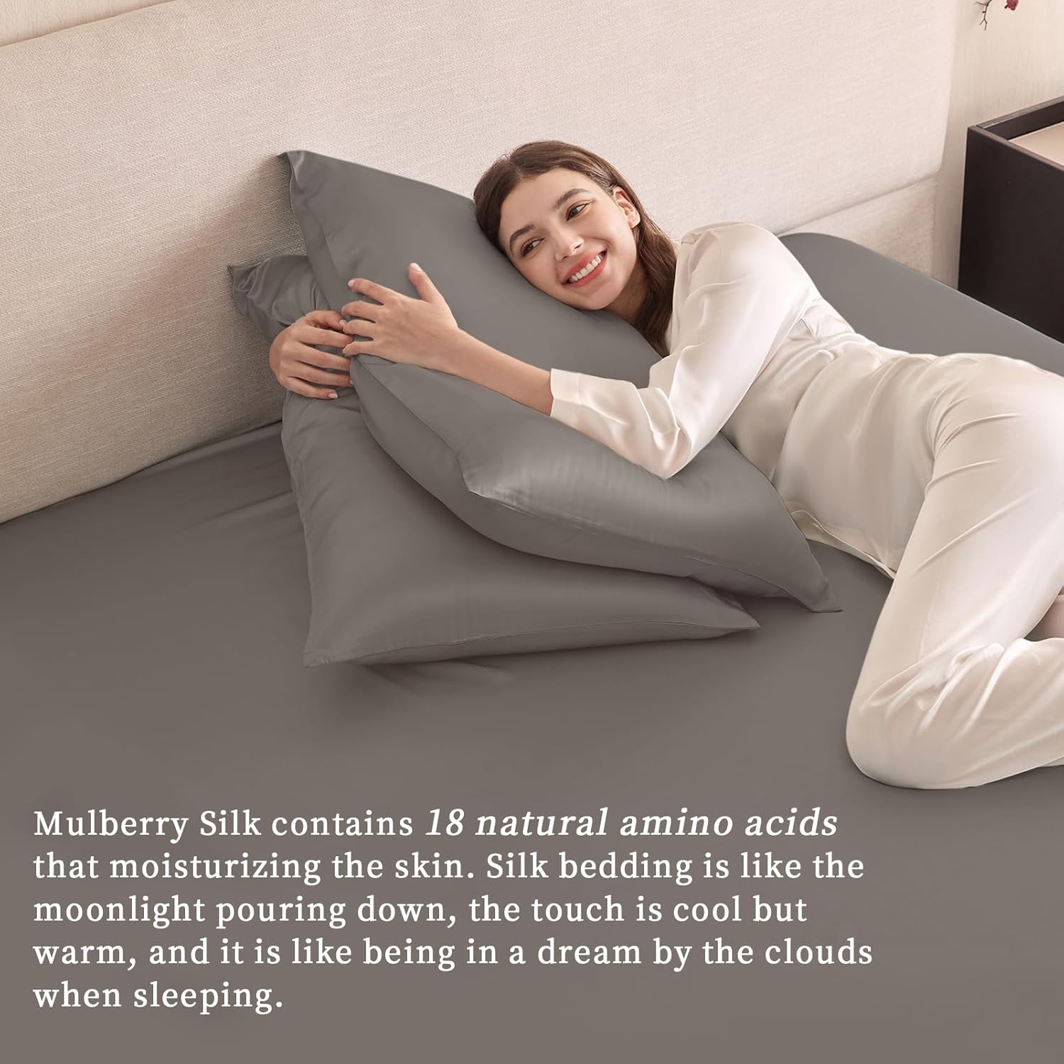 THXSILK Silk Fitted Sheet with Deep Pocket for Hair and Skin, 6A+ Top Grade 100% Pure Mulberry Silk Bottom Breathable Cooling Soft Lightweight Bed Bedding 1 Fitted Sheet Only, Charcoal, King