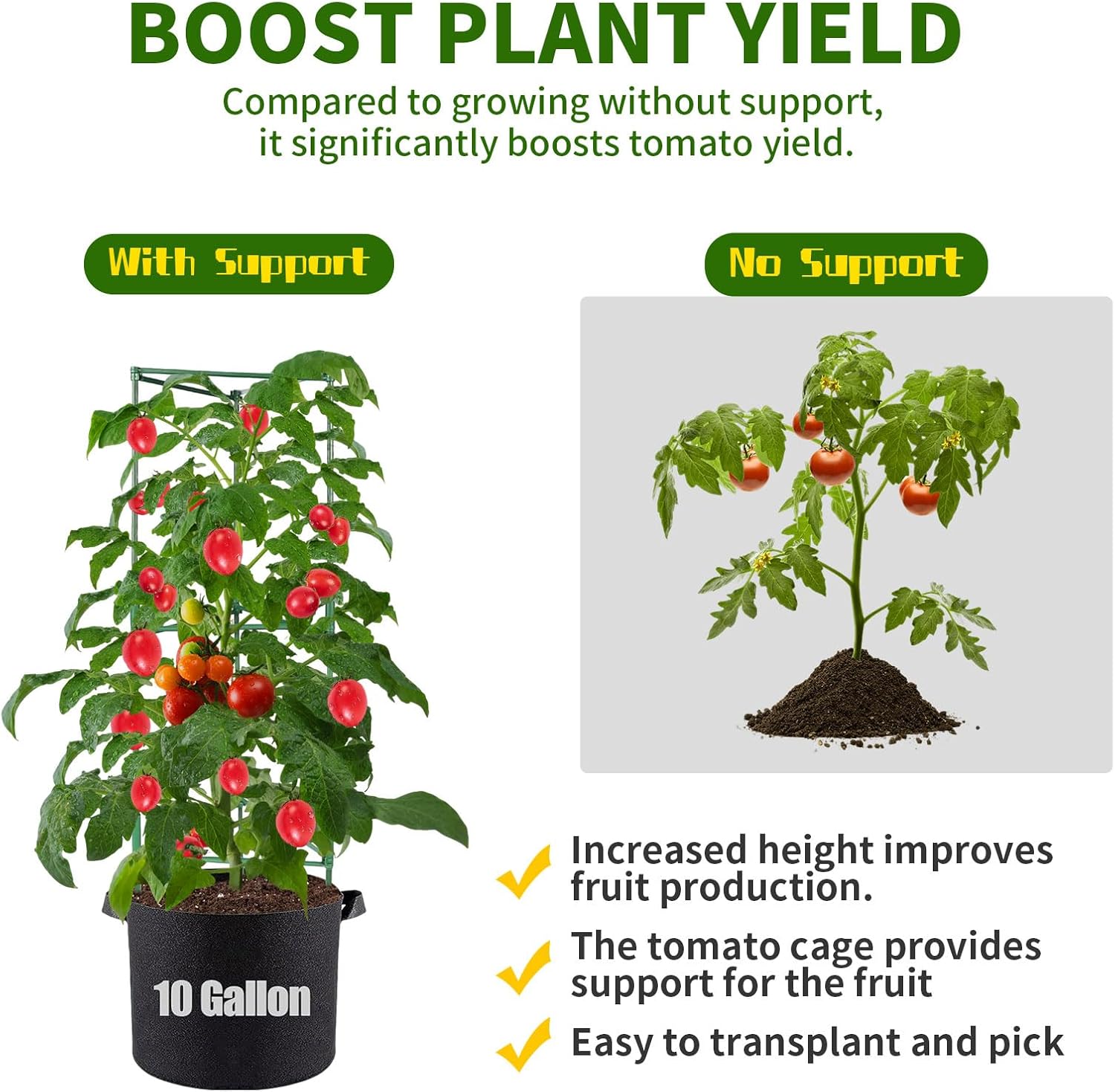 PASARA Tomato Cages with Grow Bags - 50 Inches Tomato Trellis for Raised Garden Bed, 3-Pack Tomato Plant Support, with 10 Gallon Plant Grow Bags, Reusable and Height Adjustable