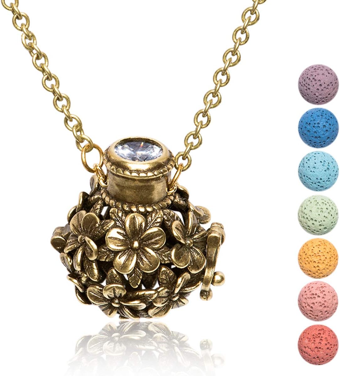 Kayder Essential Oil Diffuser Flower Ball Filigree Locket Aromatherapy Pendant Necklace with 7 Color Chakra Lava Rock Bead Inserts, Retro Bronze Yoga Necklace for Women Girls, 20" to 22" Adjustable
