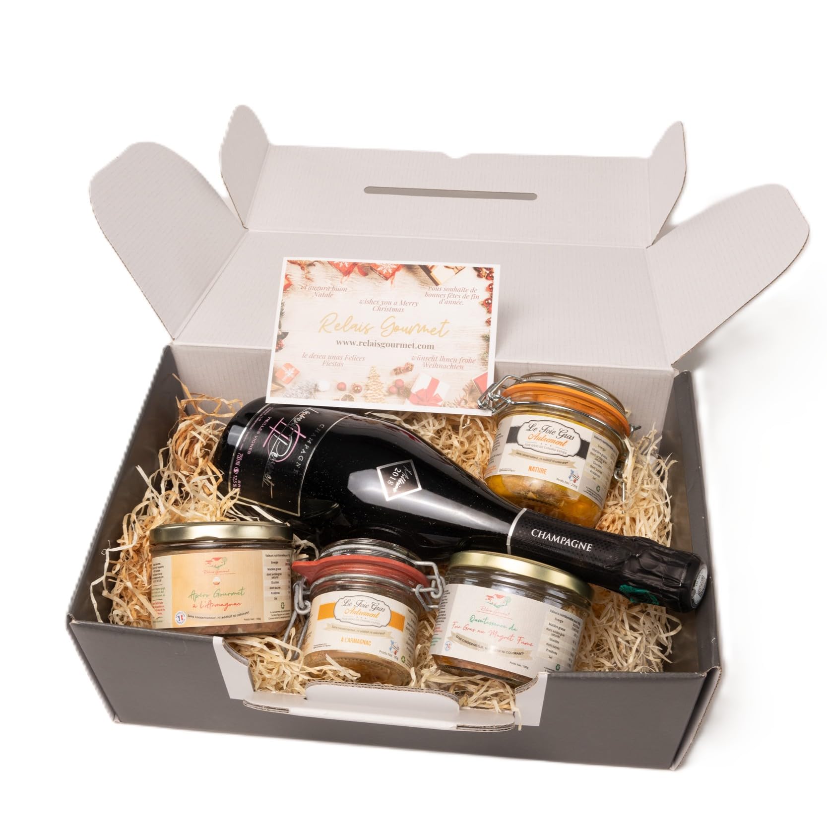 Cofre La Rhune – Relais Gourmet | Foie Gras Entero Natural, Foie Gras al Armagnac, Aperitivo Gourmet al Armagnac, Quintessence de Magret Ahumado y Champagne | Sin Conservantes, Aditivos ni Colorantes