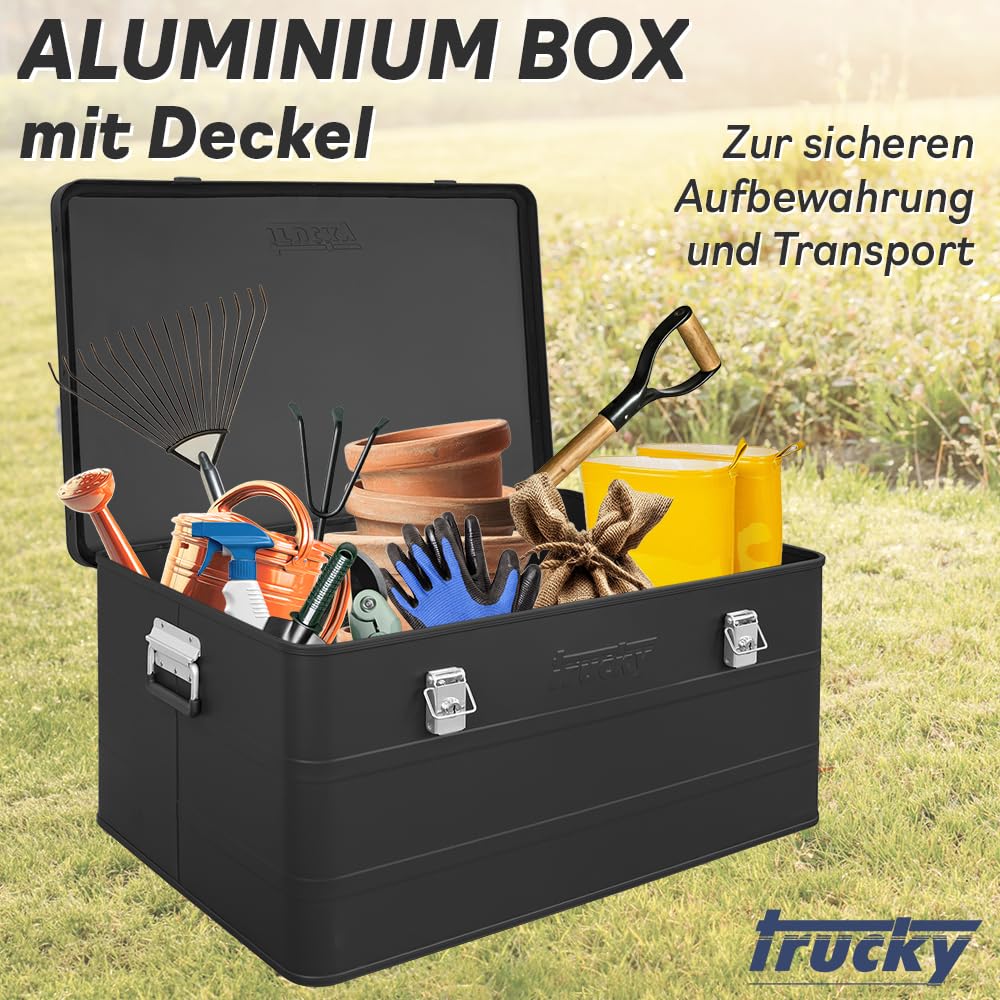Caisse en aluminium avec couvercle au choix - Noir - Caisse de transport en métal - Boîte de rangement verrouillable - Trucky - Boîte 5 : 79 x 55 x 37 cm / 135 l