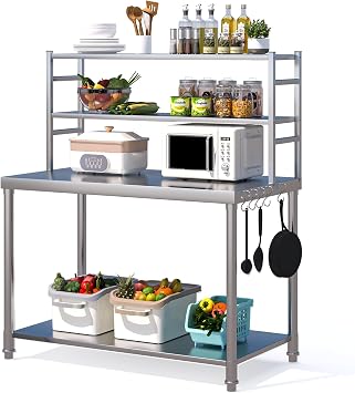 Stainless Steel Table with Shelves, 48x24 NSF Kitchen Prep Table | Heavy Duty 1460lbs Weight Capacity Commercial Kitchen Worktable Workbench w/ 2 Adjustable Tiers for Home and Restaurant