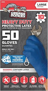 Grease Monkey Disposable Latex Gloves Large-Tall - Pack of 50 Blue | 12mil heavy duty latex for automotive, chemical handling, cleaning, and household projects needing grip