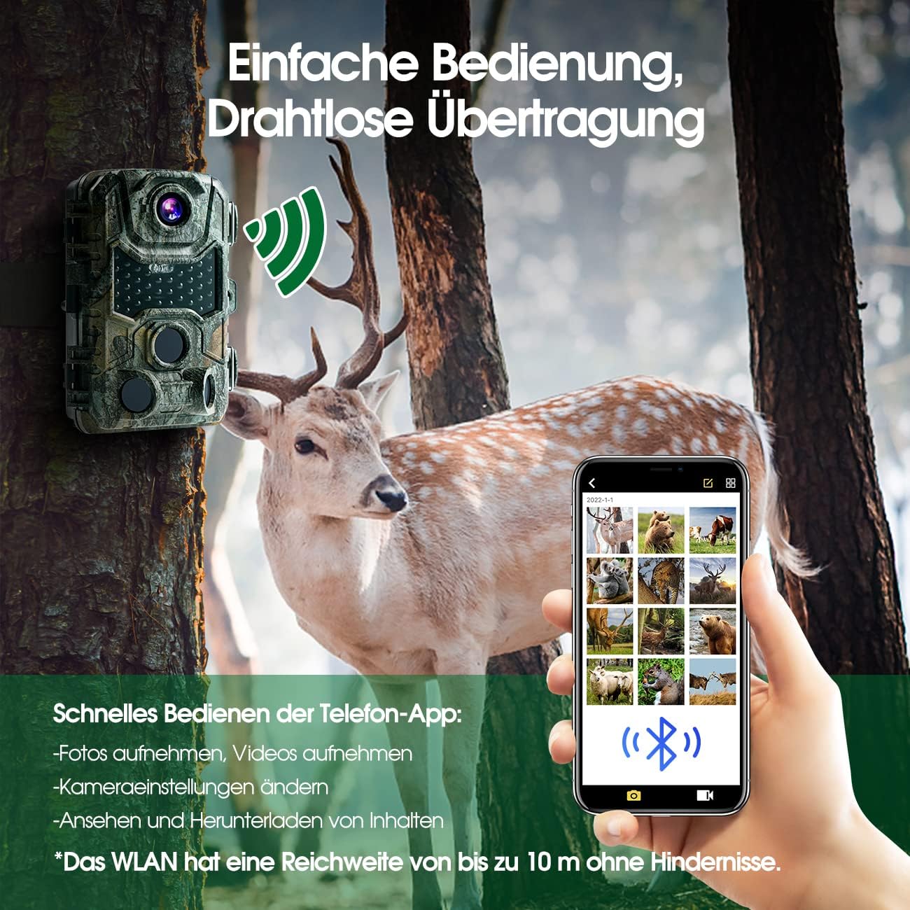 Crenova Wildkamera Handyübertragung APP 4K 32MP mit 32GB microSD 940nm IR LEDs WLAN Bluetooth, Wildtierkamera mit Nachtsicht Bewegungsmelder Spielkamera IP66 Wildbeobachtung Waldkamera