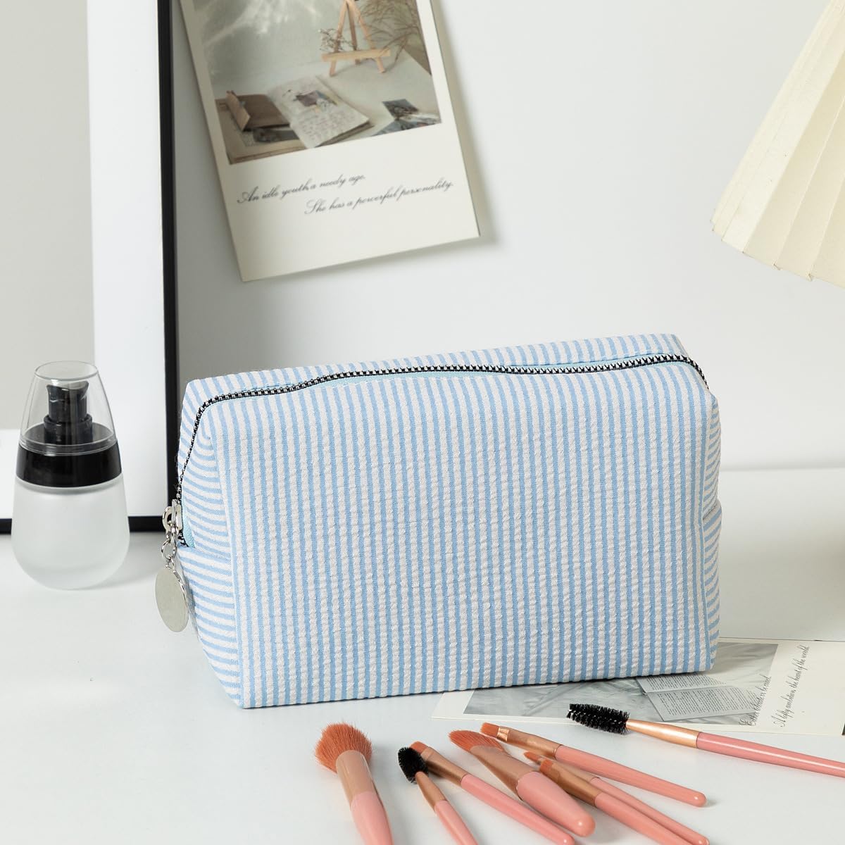 Makeup Bag Cosmetic Bag Travel Toiletry Bag Aesthetic Canvas Organizer Bag Zipper Pouch for Women (M-Light blue) - Image 2