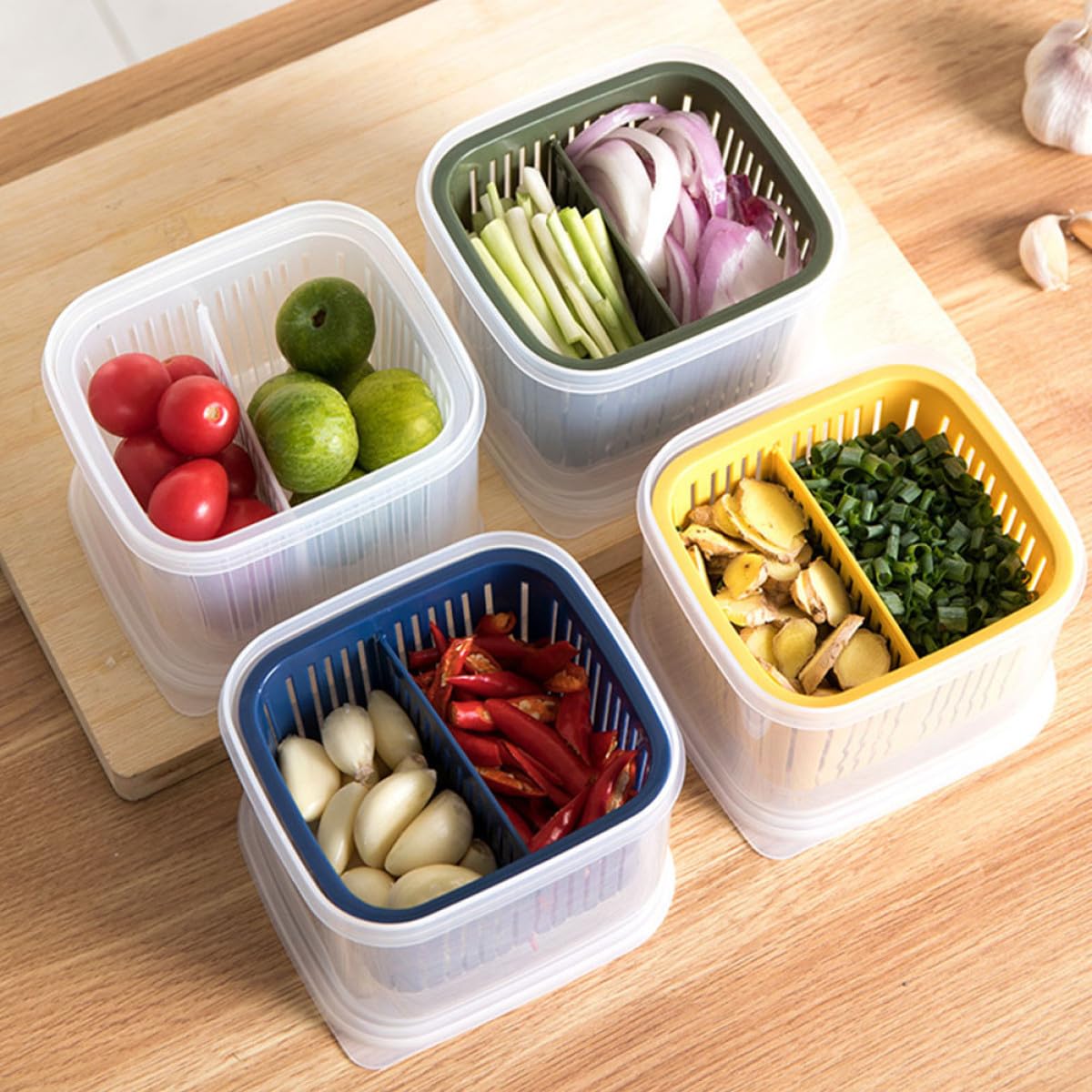 Set 4 Pezzi Contenitori per Alimenti Freschi Coperchio Ermetico in Pp, Scatole Multifunzionali per Conservare Spezie e Cibi nel Frigorifero