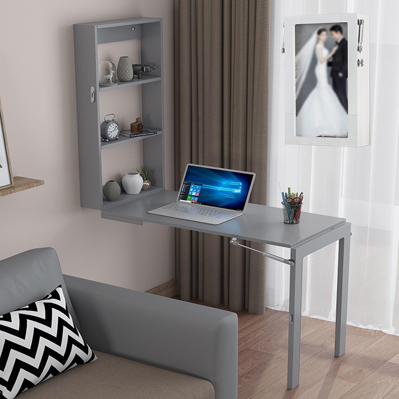 Table pliable murale gain de place avec étagère rangement bois gris bureau rabattable