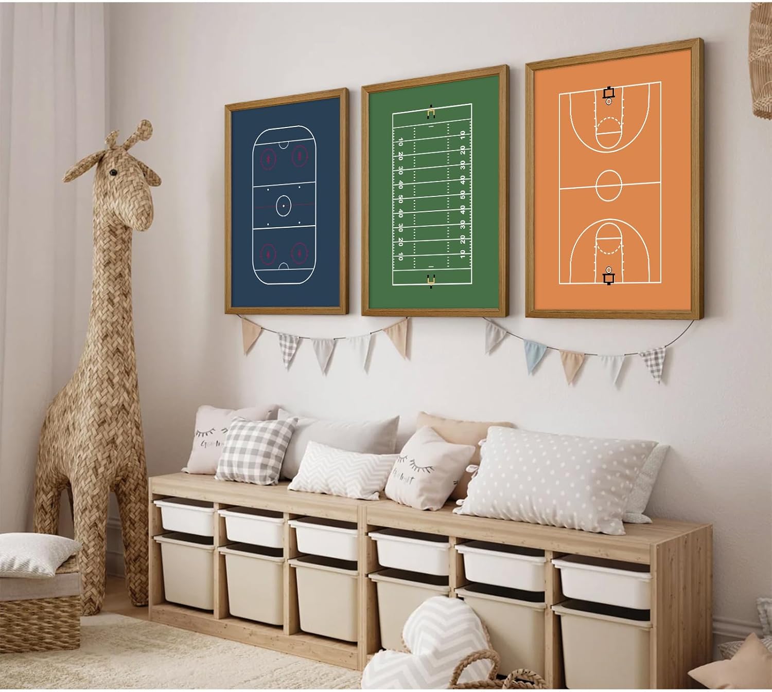 Boys Sports Wall Art Decor Nursery Kids Canvas Art Children Toddler Wall Art Basketball Boys Room Poster Sports Fields Pictures Football Painting for Bedroom Living Room 12x16x3 Inch Wood Framed