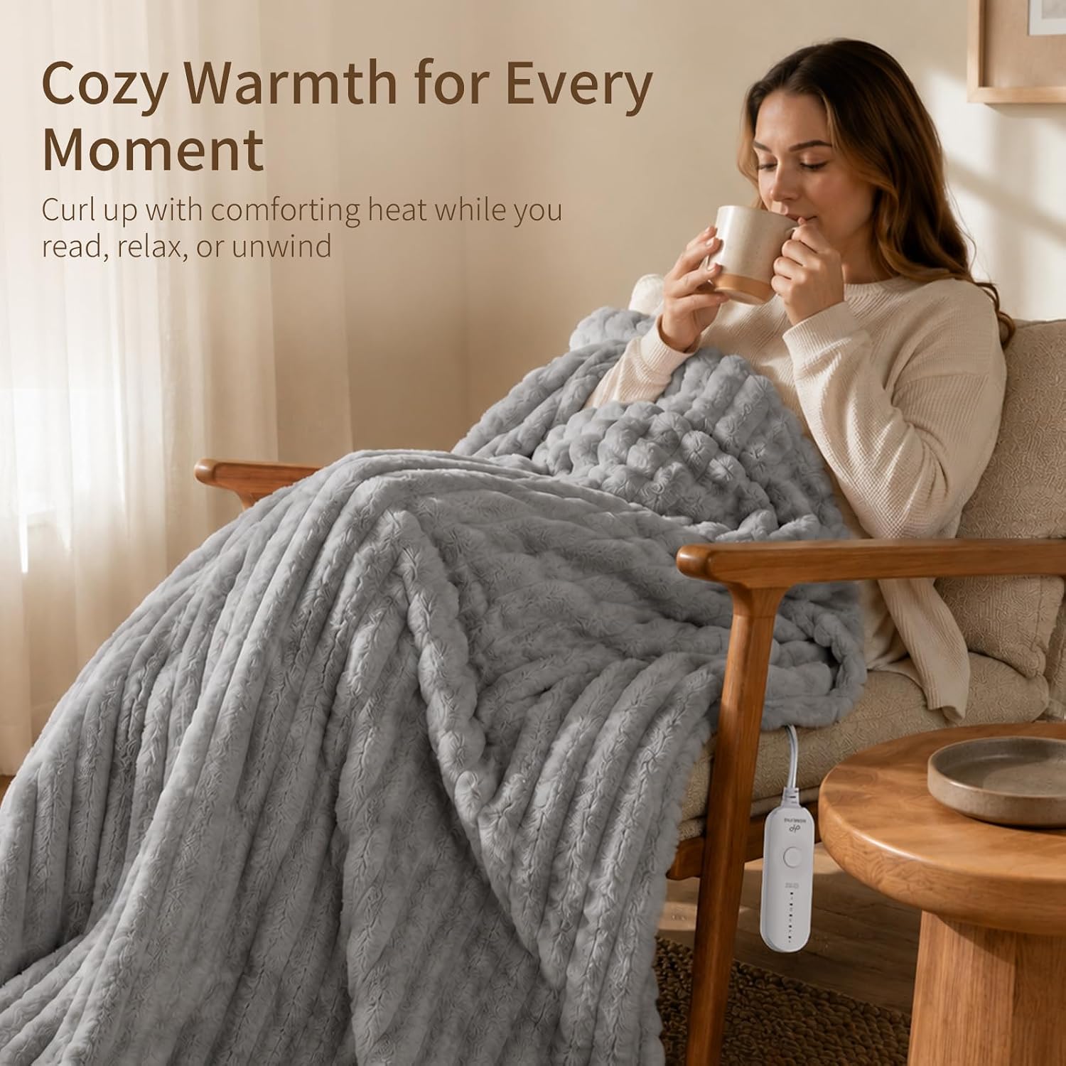 HOMLYNS Heated Blanket Throw, Faux Fur Electric Blanket, 50"x60", Grey