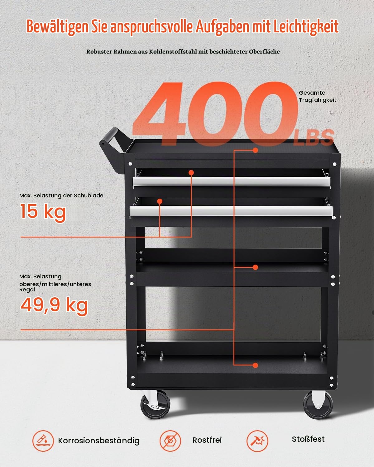 VEVOR Werkzeugwagen 785x450x945 mm, 181 kg Tragkraft, Werkstattwagen mit 2 Schubladen, Aufbewahrungs-Organizer für Mechanikerwerkzeuge, für Garage, Lager & Reparaturwerkstatt, Schwarz | Rollmechaniker-Werkzeugwagen mit 2 Schubladen, Stecktafel und Verrieg