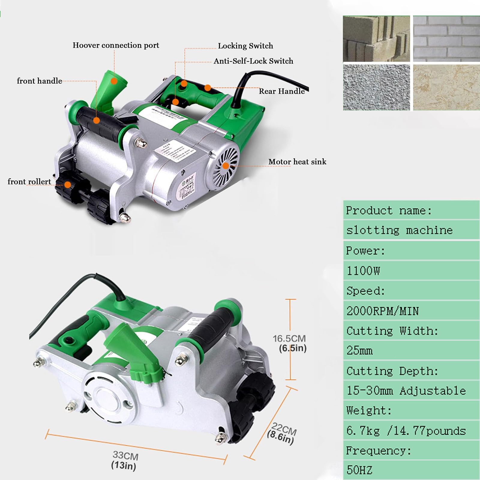 Cortadora de ranura de pared, ranuradora eléctrica con profundidad ajustable de 15 a 40 mm para ladrillo, hormigón, mármol, granito, extracción de polvo, incluye hoja de 25 mm