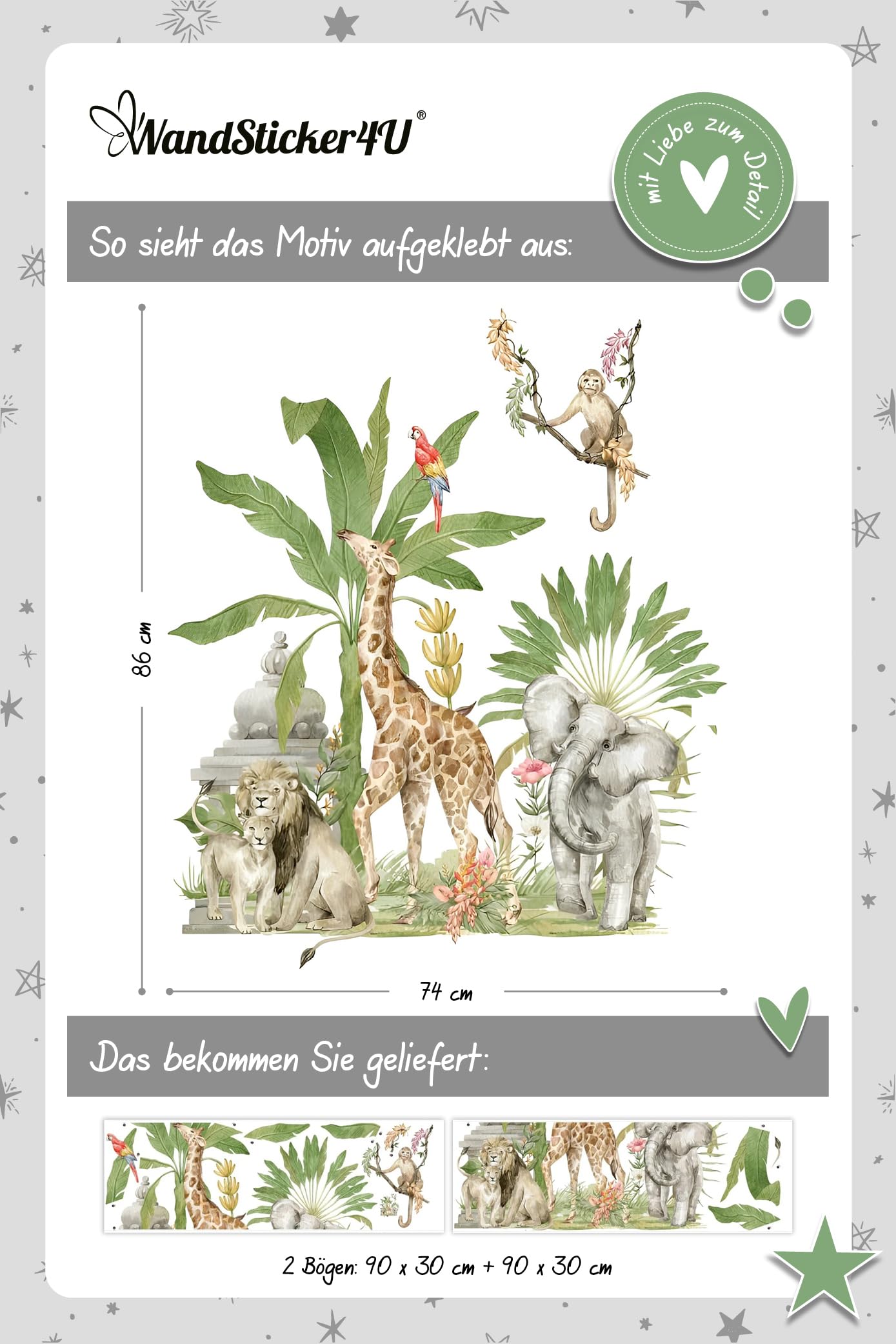 LbsAMP Adesivi Murali Animali Della Giungla Decorazioni Adesivi da Parete Foresta Elefante Leone Giraffa Scimmia Zebra Sticker da Muro per Camera Asilo Nido Soggiorno Bambini Cameretta Letto
