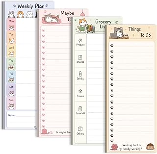 Cat Magnet Notepads for Refrigerator, Cute Cat Magnetic To Do List Notepad for Grocery List, Magnetic Weekly Planner, Daily Notes, Gift for Cat Lovers, 48 Sheets per Pad - 3.5 x 9 Inch, Set of 4