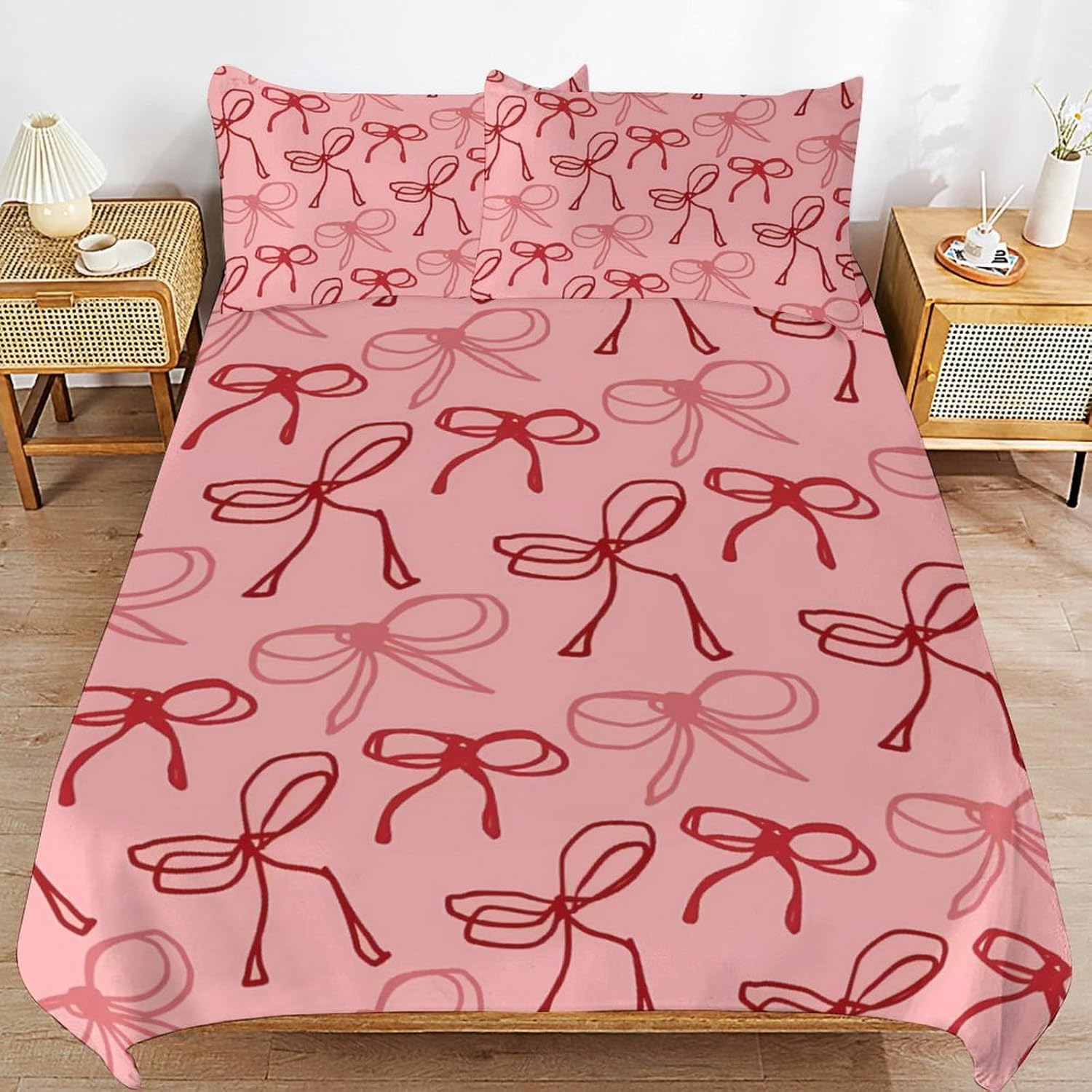 Pink Red Bow Comforter Set Duvet Cover Quilt Cover Set Full/Queen Size,3-Piece Bedding Set 102"x90" for Boys and Girls Ultra Soft Bed Cover (1 Duvet Cover+2 Pillowcases)