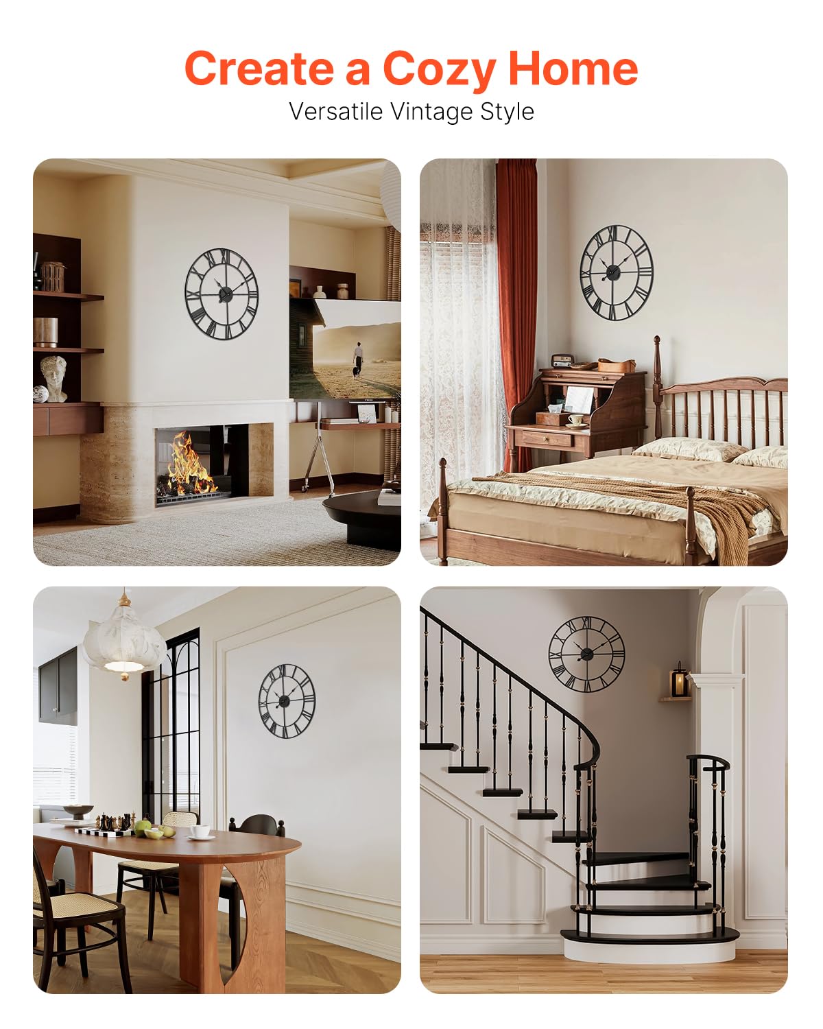 VEVOR Reloj de pared grande, reloj de pared de 24 pulgadas, números romanos, funciona con pilas, silencioso, clásico, decorativo, redondo, para sala de estar, dormitorio, oficina, cocina, comedor,