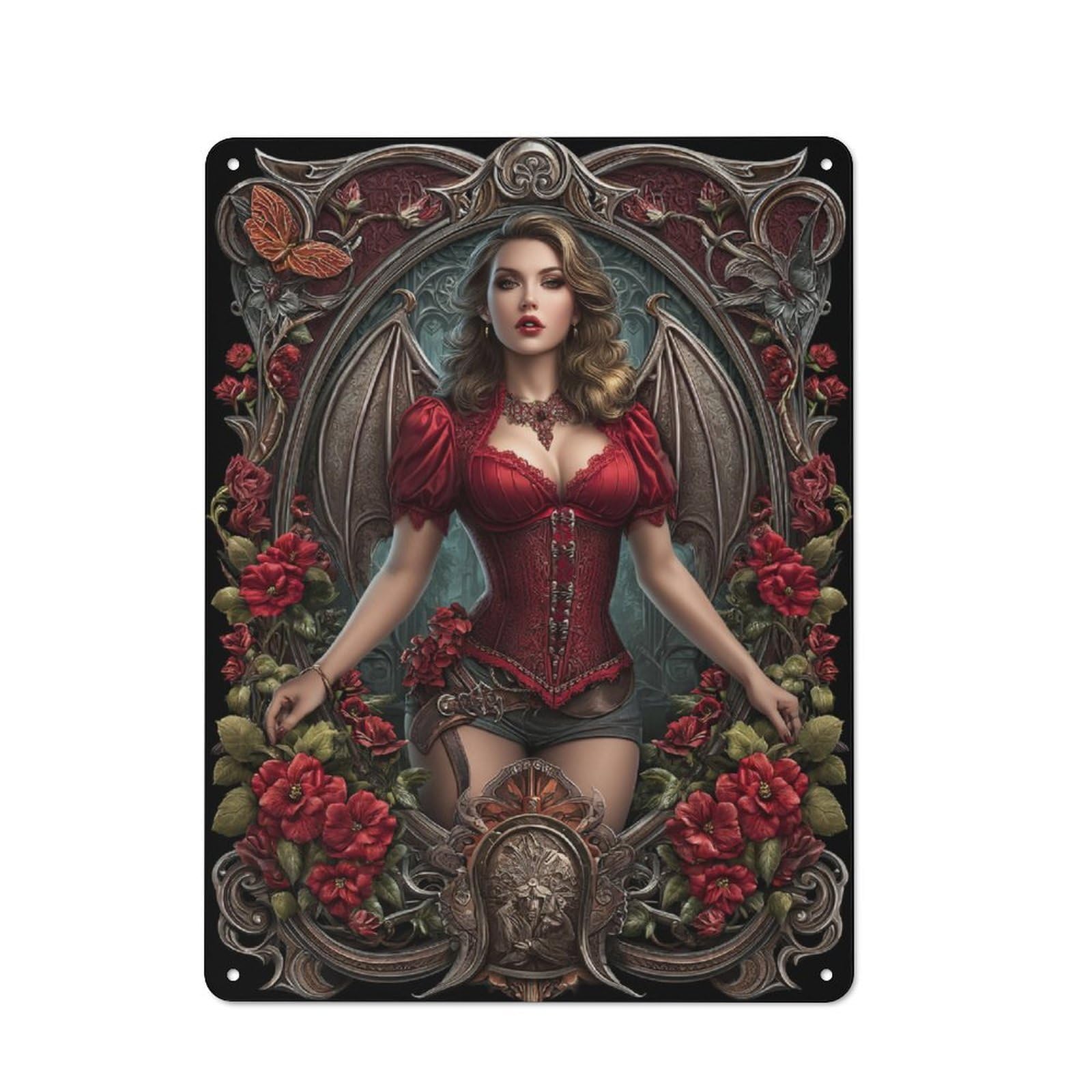 Junmoney Vampire Beauty In Red Corset Shed Metal Sign With Design 40X30cm, Outdoor Room Shed Wall Decor For Shed, Garden Room, Porch Or Garage