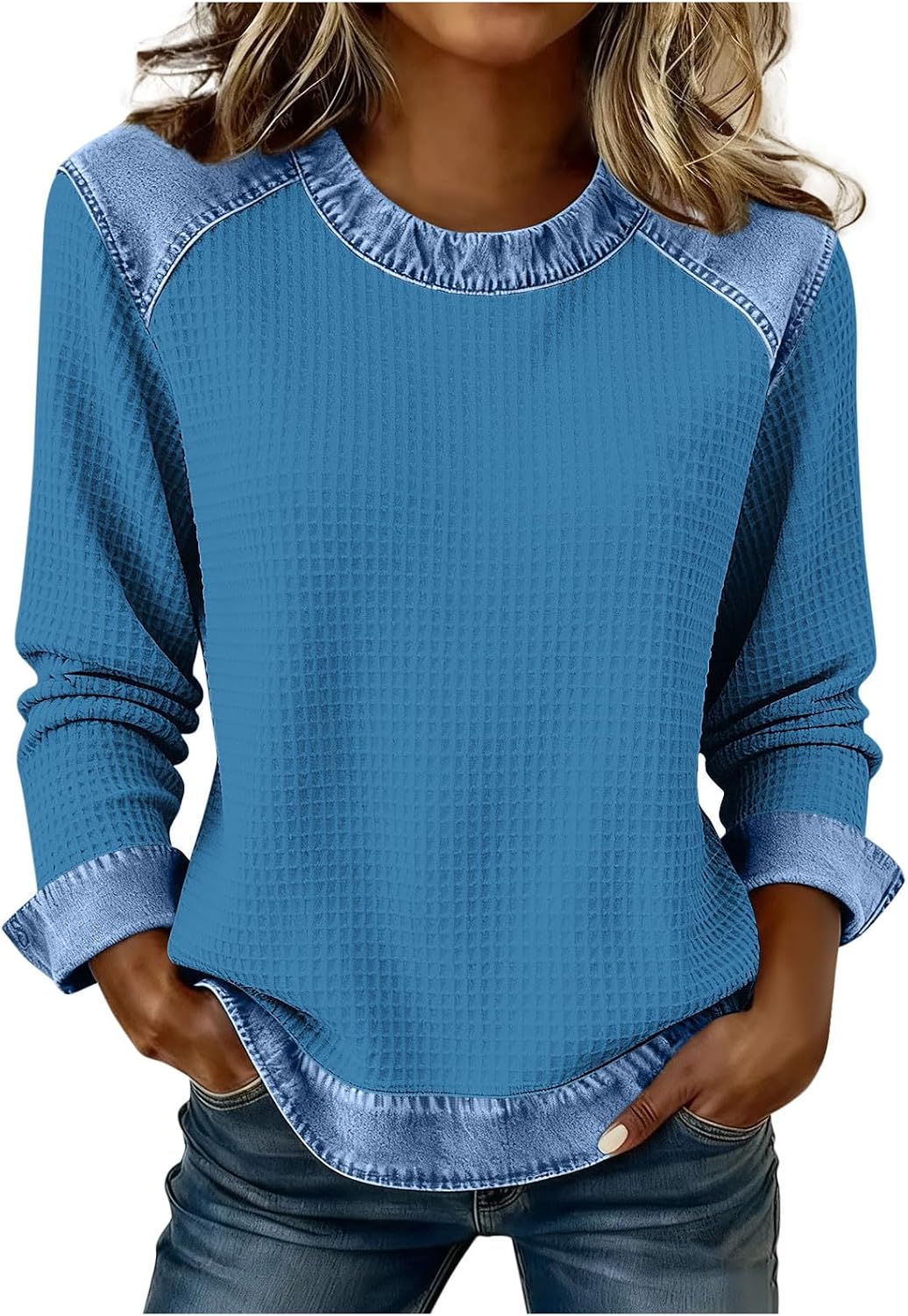 Long Sleeve Shirts for Women Casual Fashion Denim Patchwork Crewneck Blouse Solid Color Crewneck Pullover Top