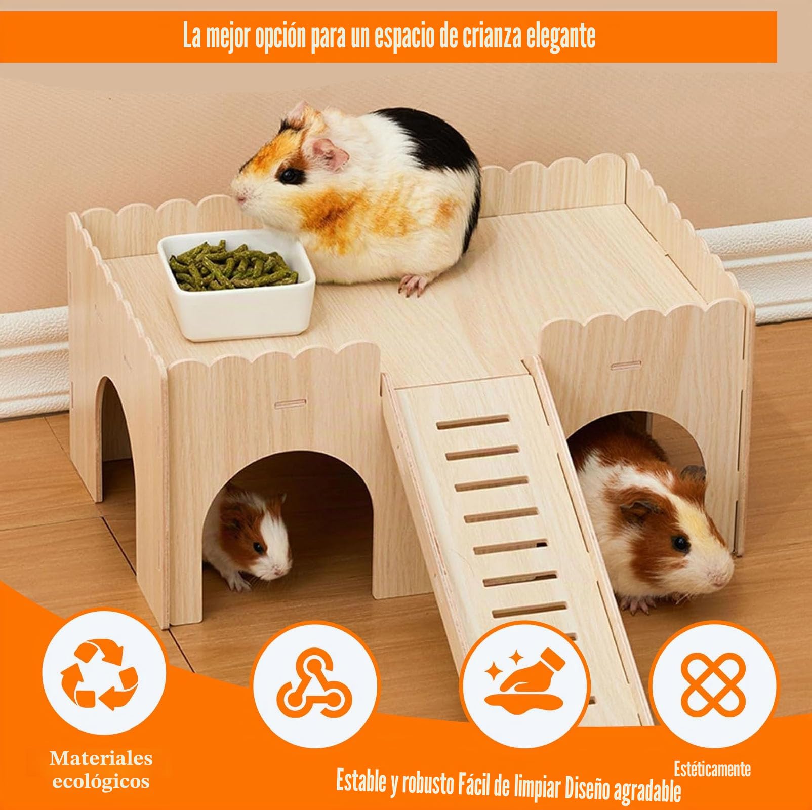 Casa de Cobayas Madera Natural con 4 Cuevas y Rampa Extraíbles, 38x25x18cm Castillo Conejo Gran, Accesorios Juguete Mascotas Pequeñas para Cobayas, Hámsteres, Chinchillas, Conejos Enanos y Hurones