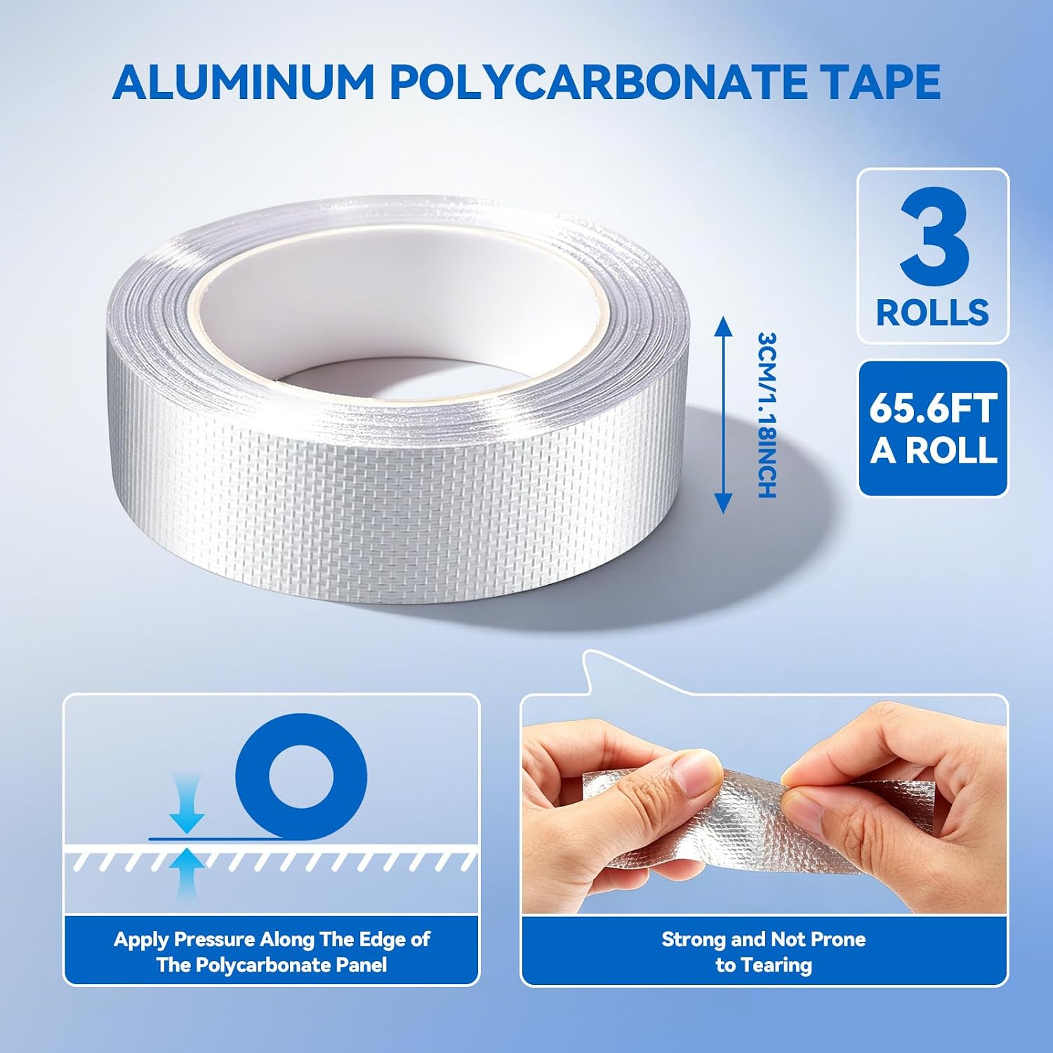3 Rolls Aluminum Polycarbonate Tape, 1.18" x 65.6' (196.8' Total) Heavy Duty Waterproof Tape, UV and Heat Resistant Sealing Tape for Greenhouse Roofing, RV Repair, Ductwork and Insulation
