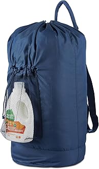 Laundry Bag Backpack with Detergent Holder and Adjustable Shoulder Straps, Clothes Laundry Backpack for College, Travel, Apartment, Laundromat, Dorm Room (Blue)