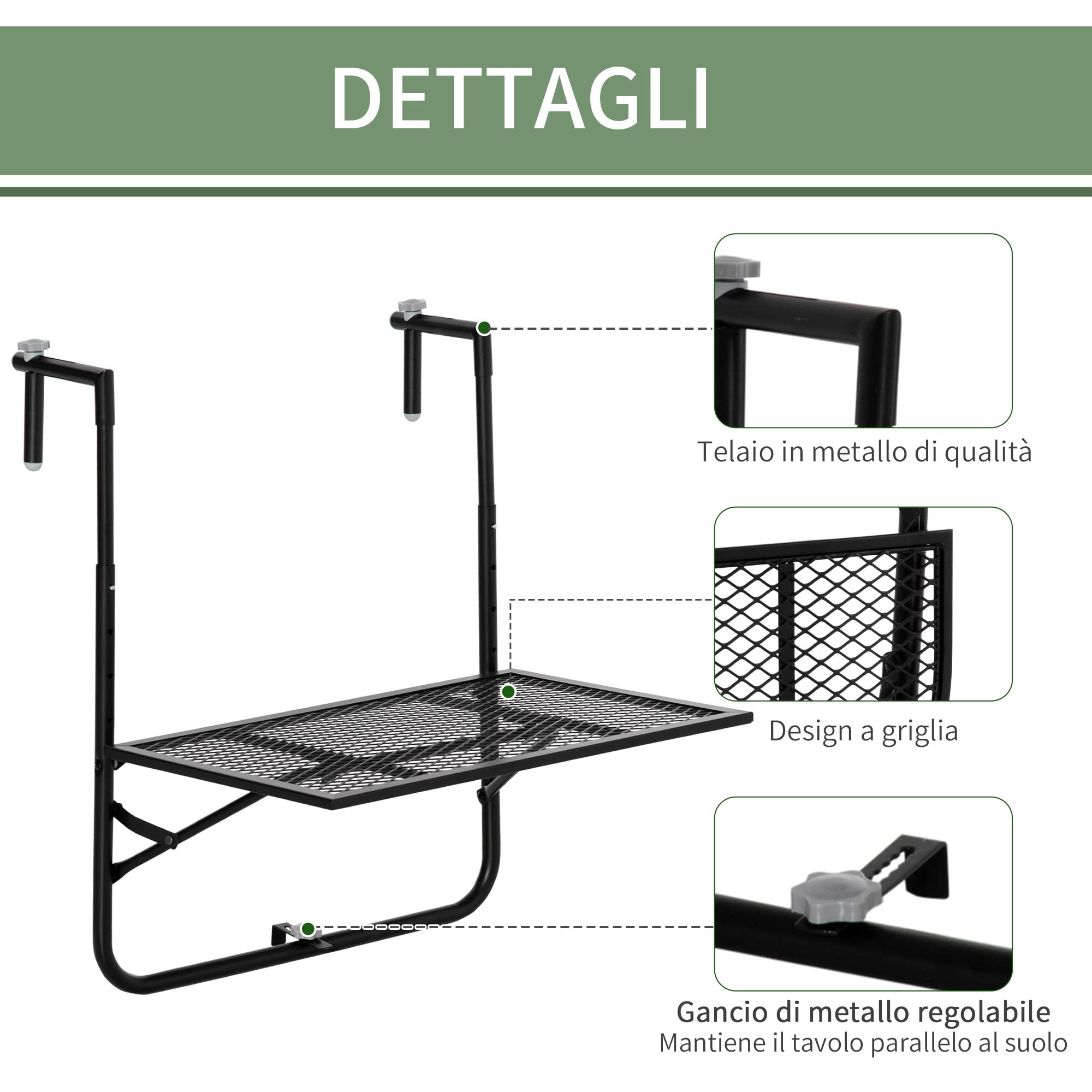 Outsunny Tavolo da Ringhiera Pieghevole in Metallo, 60x60x57-72cm, Nero
