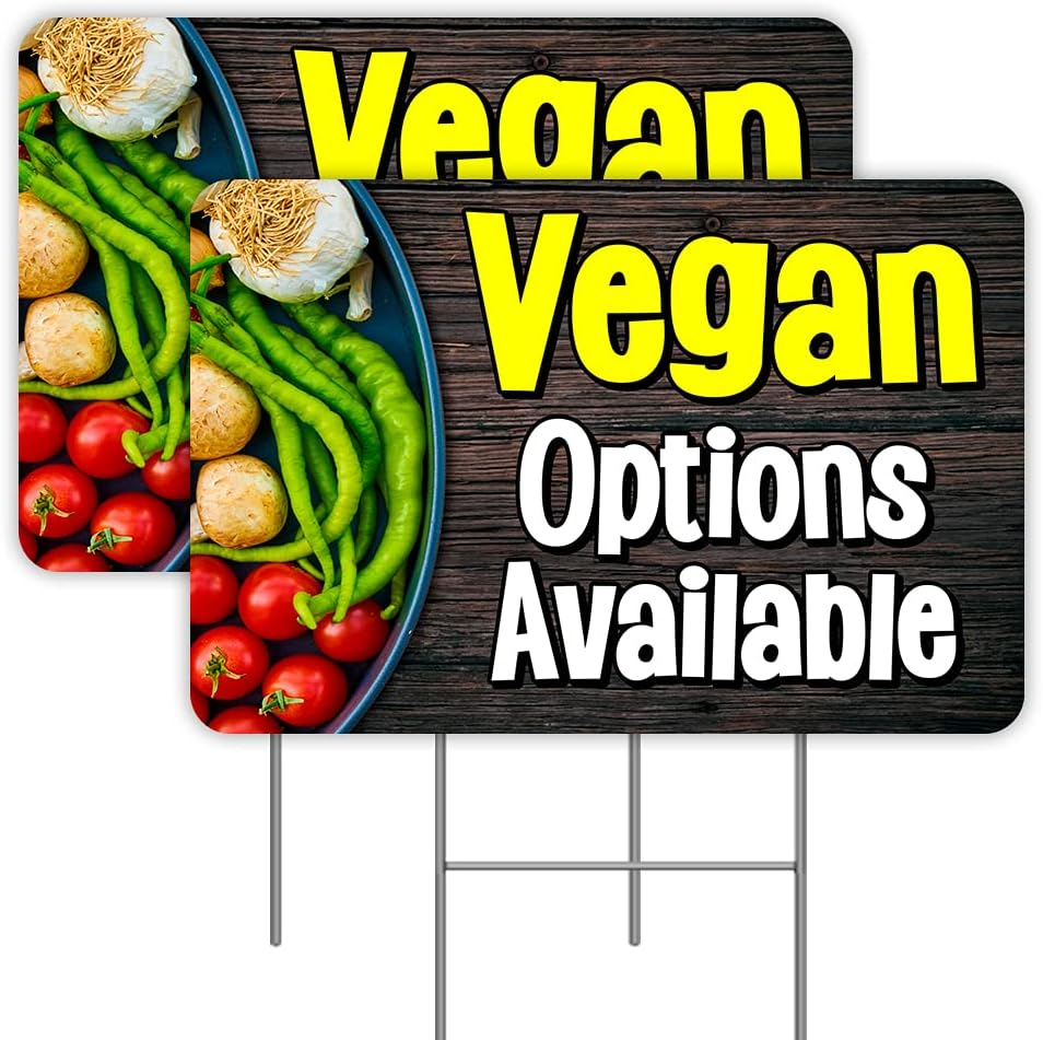 Vegan Options Available 2 Pack Double-Sided Yard Signs 16" x 24" with Metal Stakes (Made in the USA)