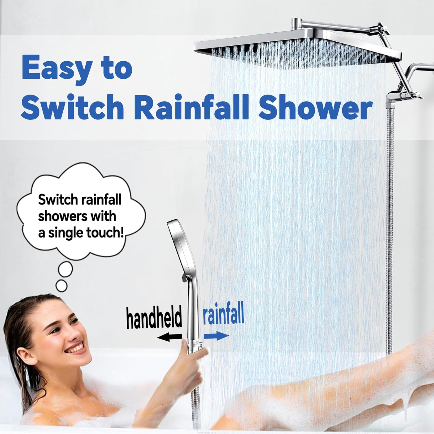 13" Rainfall Shower Head with Handheld Combo, Dual Waterfall Showerhead Button Switch by Handheld, Rain Shower head with 3-Modes Wand, Adjustable Extension Arm, 71 Inches Stainless Steel Hose(Chrome)