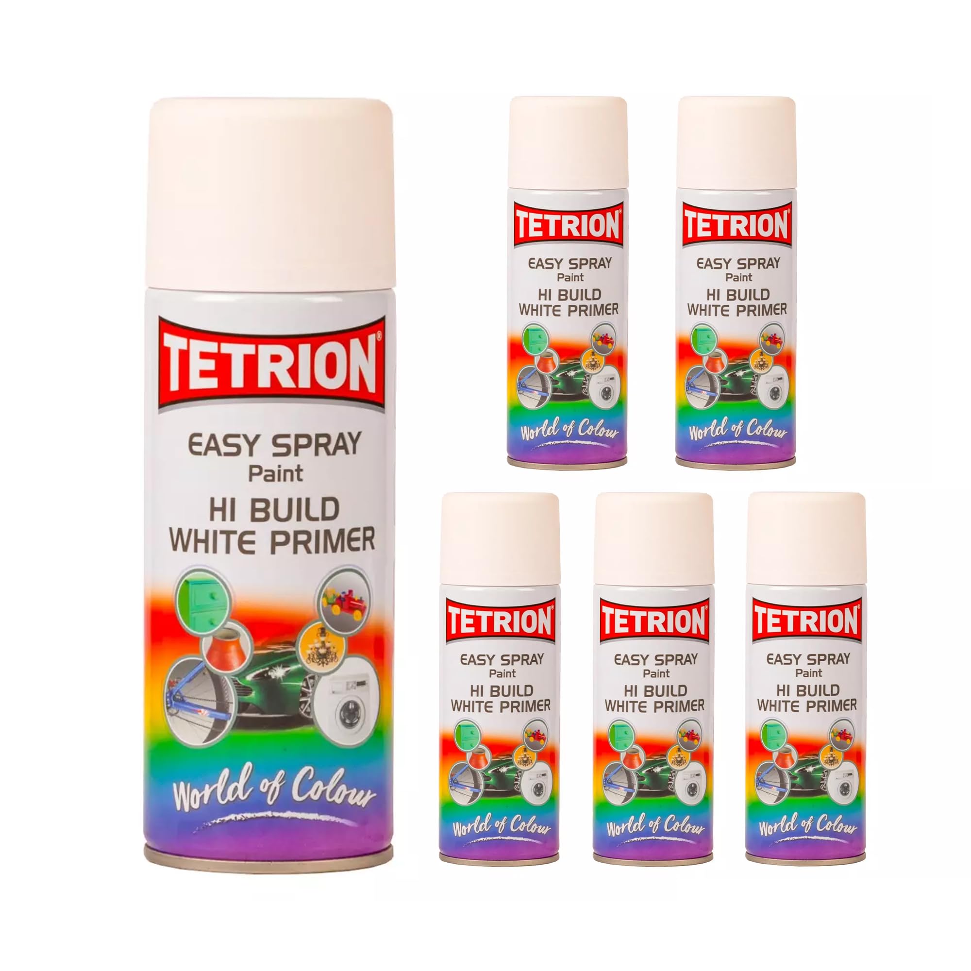 Tetrion Easy Spray Hi-Build White Primer 400ml (Pack of 6) – Fast-Drying, Multi-Surface Aerosol for Metal, Wood, Plastic & Glass with Smooth Coverage & Lasting Durability for Indoor & Outdoor Use.