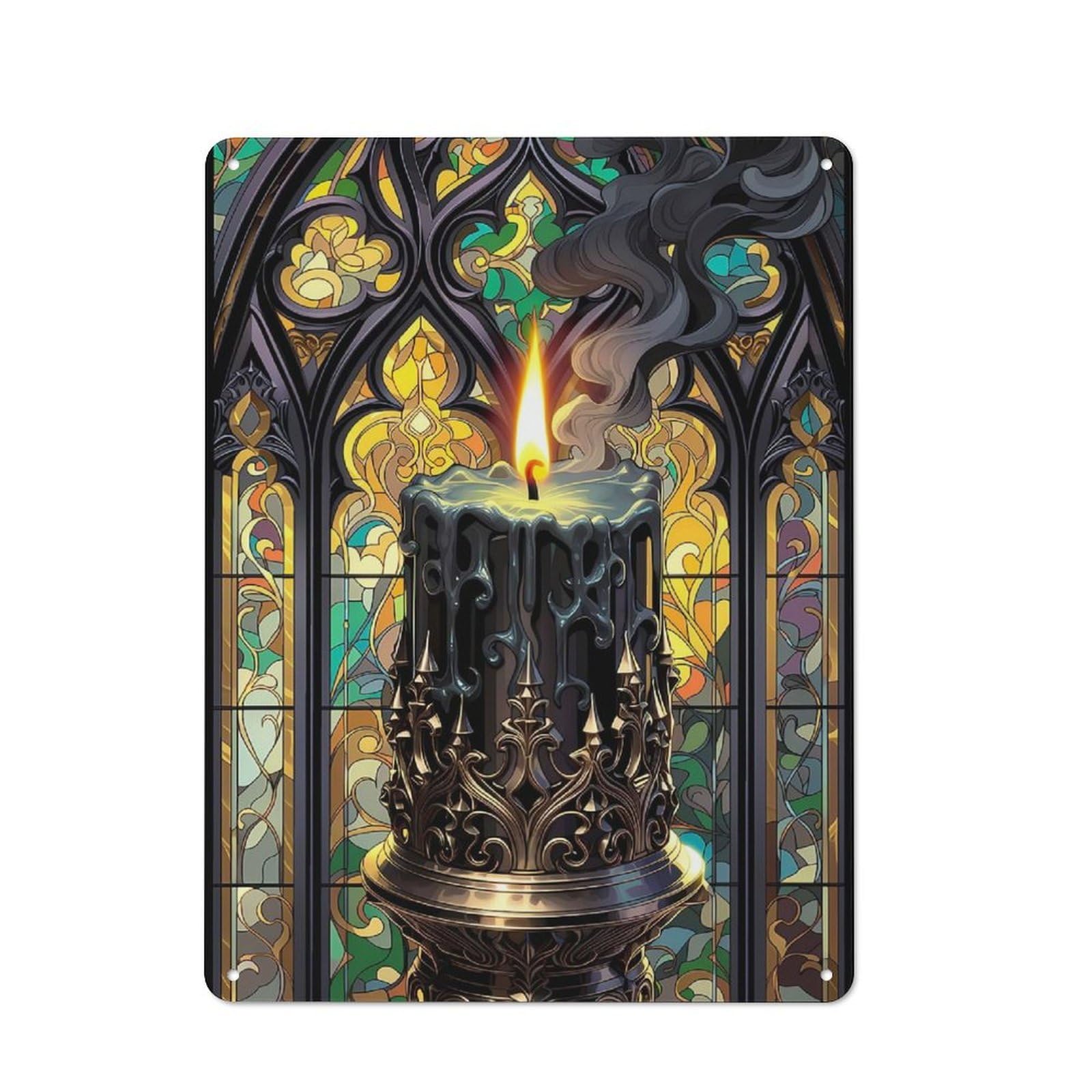 Gothic Candle in Stained Glass Rustic Metal Sign 40x30cm, Barn Style Farmhouse Wall Decor for Kitchen, Cottage, Porch Or Garden Room
