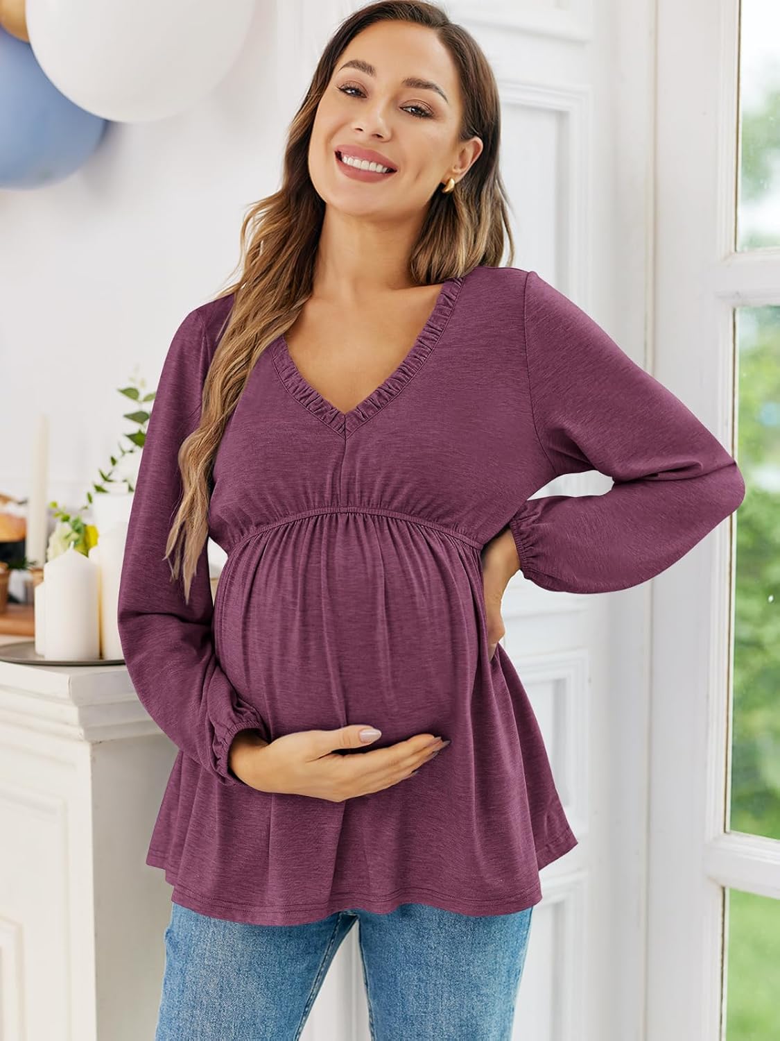 Women's Maternity Tops Long Sleeve V Neck Fall Loose Blouse Ruched Babydoll Pregnancy Shirts S-2XL - Image 3