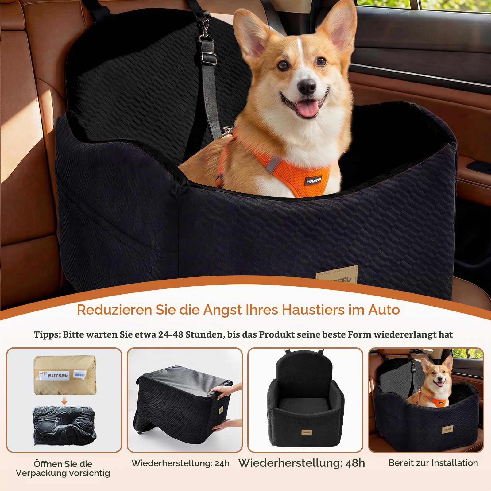 Hunde Autositz für kleine & mittlere Hunde, Wasserfest Hundesitz Auto | waschbarer Autositz Hund mit Sicherheitsgurt & Taschen, rutschfest, erhöhtes Hundebett für Rückbank & Beifahrersitz