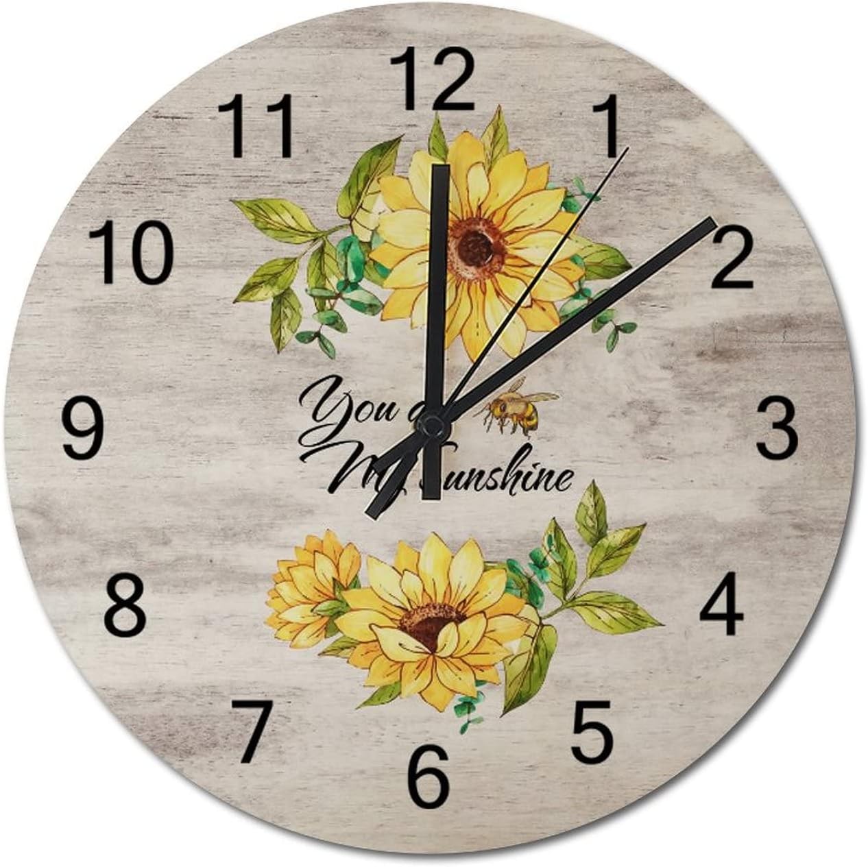 Wooden Wall Clock Retro Vintage Yellow Sunflower You are My Sunshine Indoor Wall Clocks Battery Operated Yellow Floral Vintage Barn Wood Countryside Farm Round Clock for Bathroom Kitchen