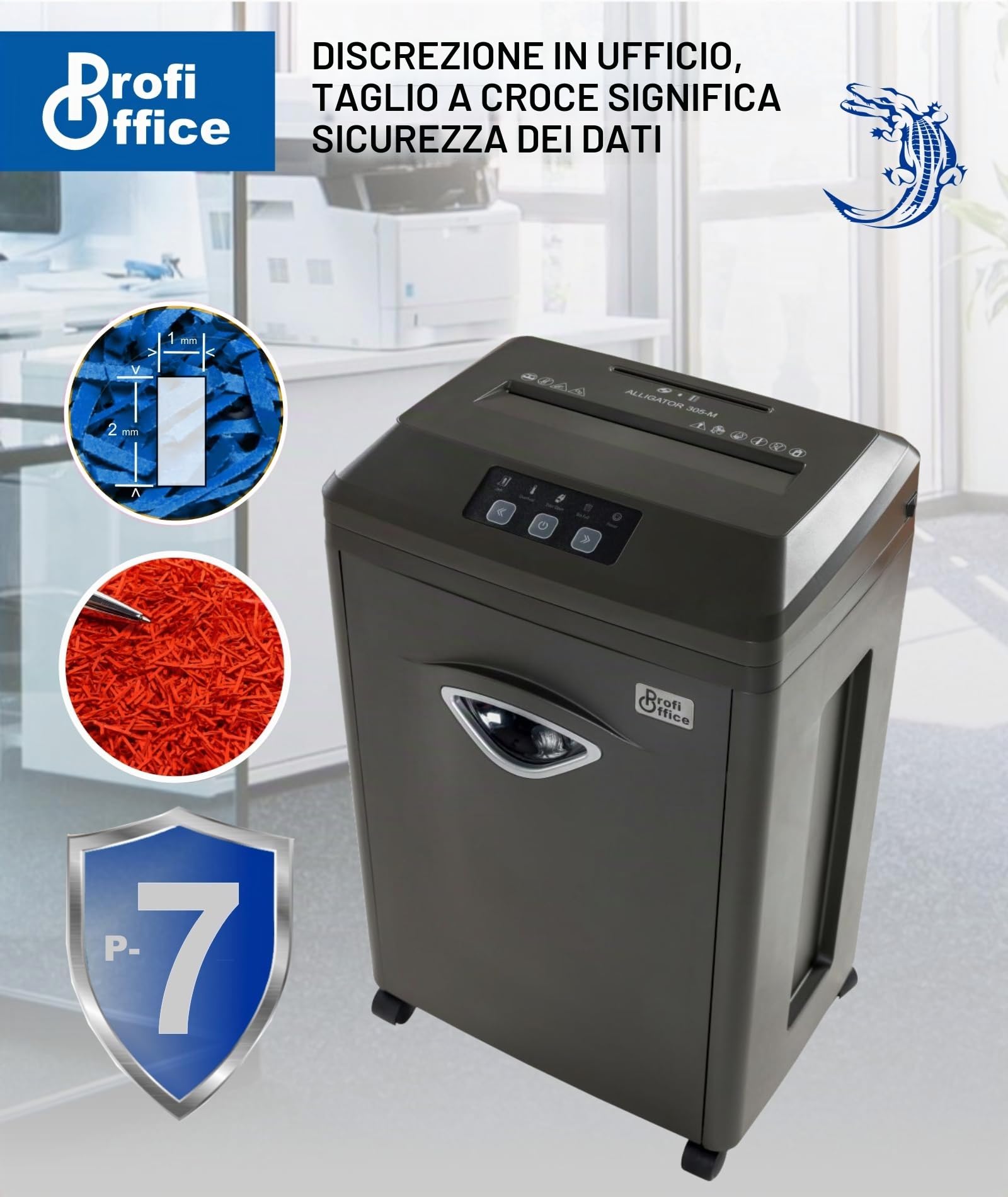 Alligator 305 M Distruggidocumenti P7 Super Micro Cut | Tritacarta Professionale GDPR Ufficio e Casa | Frammenti 1x2mm 5 Fogli, 30 Min Continuo, 22L, CD e Carte Credito