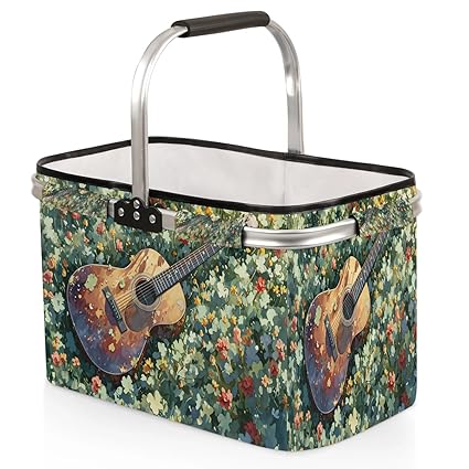 Kizmoglux Guitar Flower Collapsible Market Basket, Foldable Picnic Basket - Large Shopping Basket with Handles, Portable Folding Bag for Shopping Camping Picnic