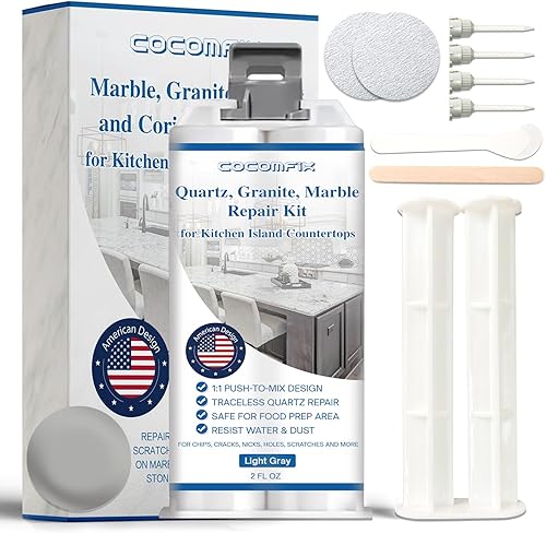 Miniatura 1 de Kit de reparación de virutas de cuarzo para encimera (gris claro), mármol y granito para reparar rasguños, astillas o arañazos en granito, porcelana