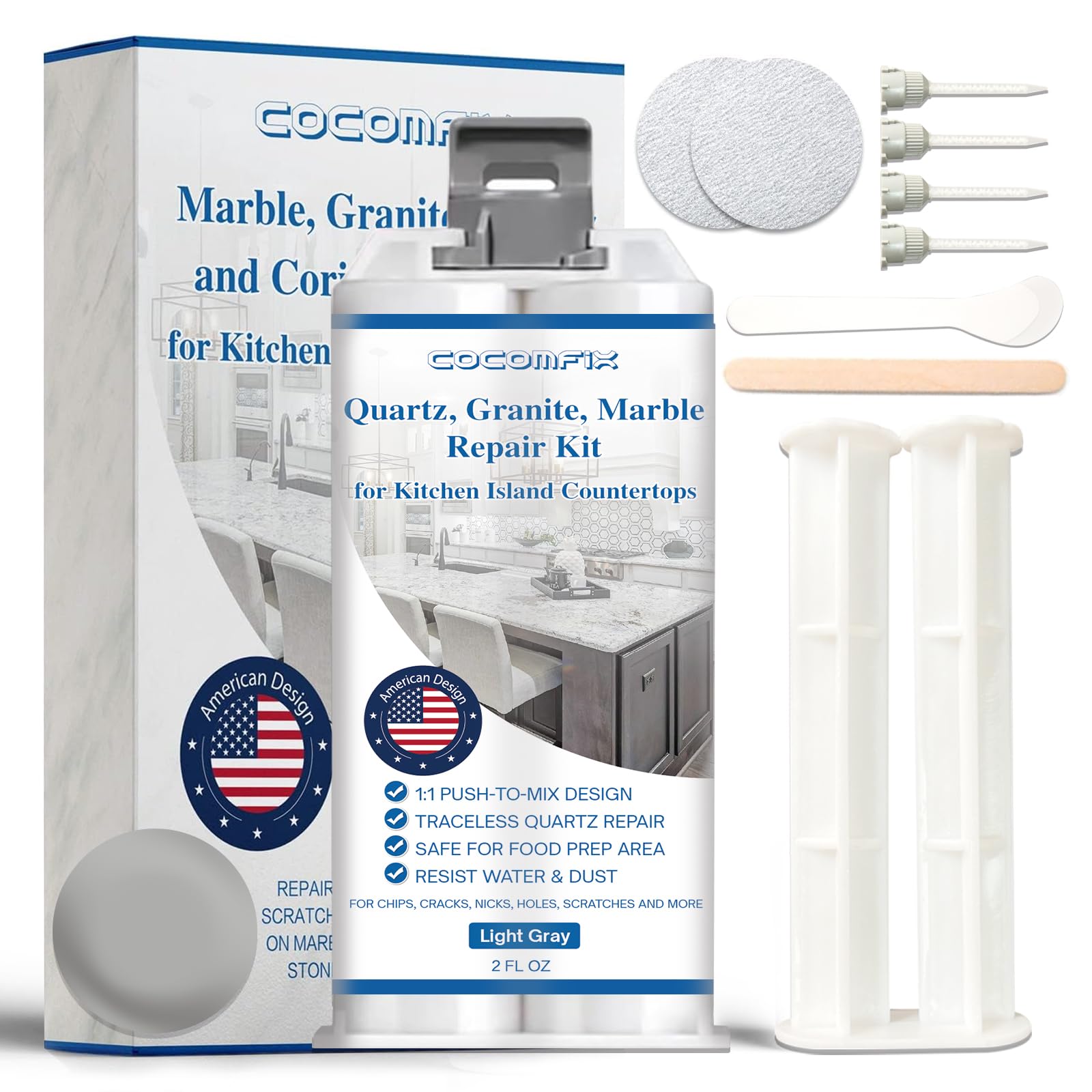 Quartz Countertop Chip Repair Kit(Light Gray), Marble and Granite Repair to Fix Nicks, Chips or Scratches on Granite, Marble Porcelain, Corian, Travertine, Quartz, Acrylic and Other Surfaces.