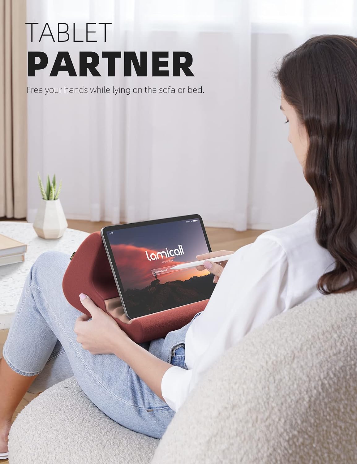 Lamicall Tablet Stand, Tablet Pillow Holder - Tablet Pillow Soft Pad for Bed, Lap Tablet Mount with Stylus Mount & Pocket, for iPad Pro 12.9, Air, Mini, Kindle, Galaxy Tab and 4-13" Tablet, Dark Red