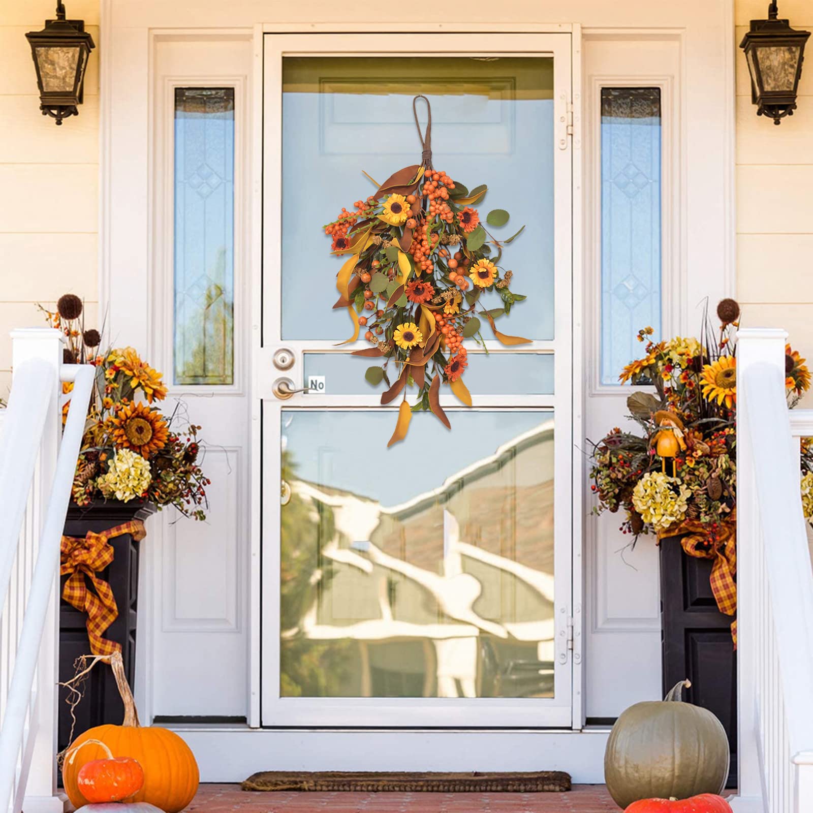 Couronne D'automne En Forme De Larme 50 Cm - Décoration Murale Avec Citrouilles Et Feuilles D'érable