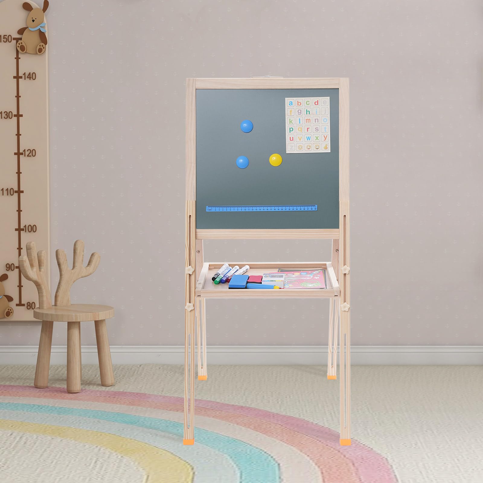 Standtafel Kinder Kindertafel aus Holz Höhenverstellbar Kinder Spiel-Tafel aus Holz Kinder Staffelei Doppelseitige Whiteboard und Kreidetafel
