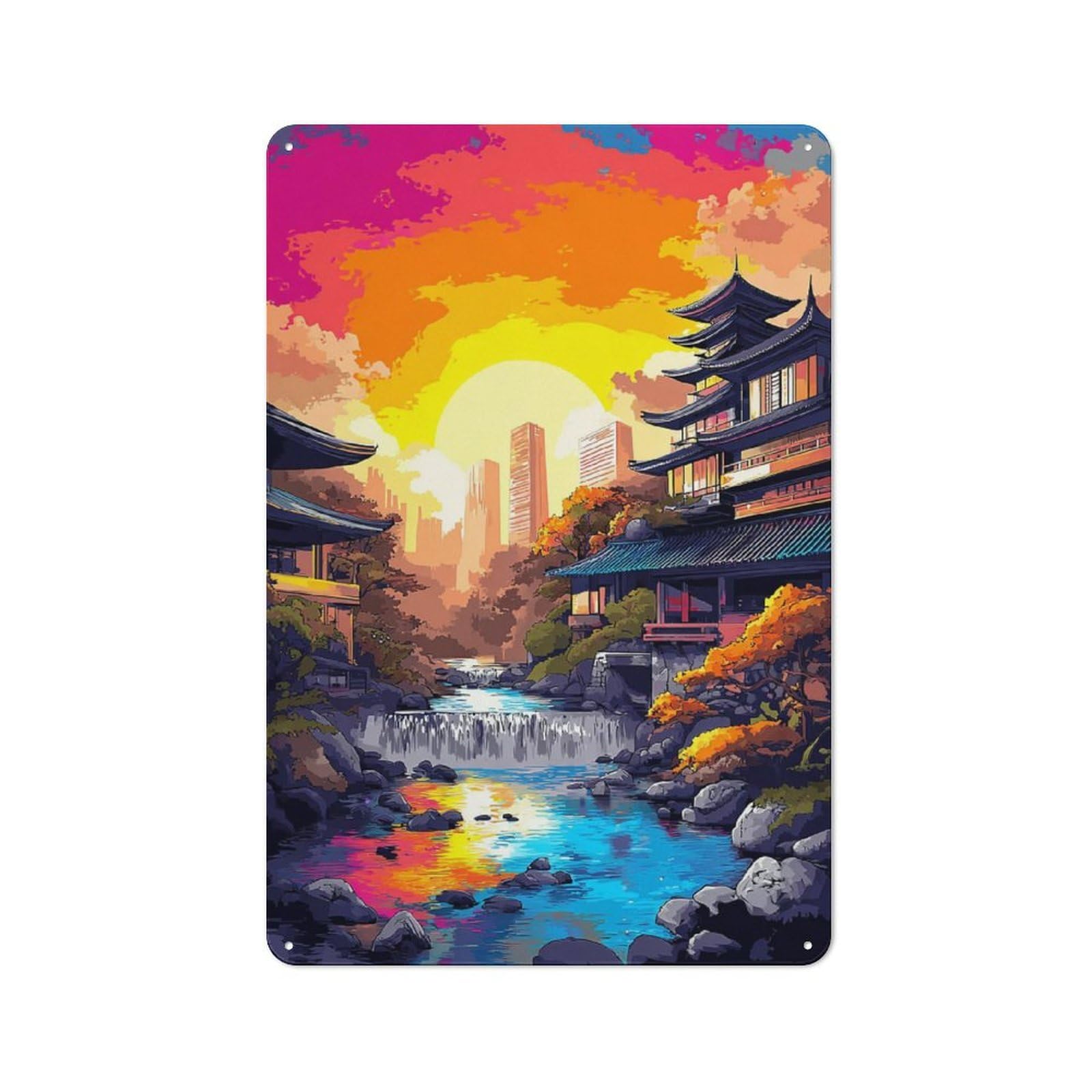 Rustic Japanese Garden Sunset Decorative Tin Sign 30x20cm, Cottage Wall Art for Cottage, Kitchen, Hallway Or Breakfast Nook